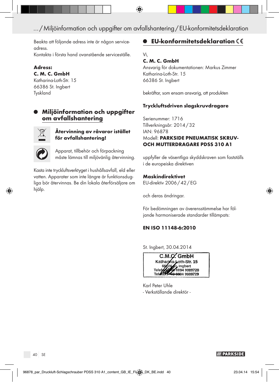 Indholdsfortegnelse, Miljöinformation och uppgifter om avfallshantering, Eu-konformitetsdeklaration | Parkside PDSS 310 A1 User Manual | Page 40 / 94