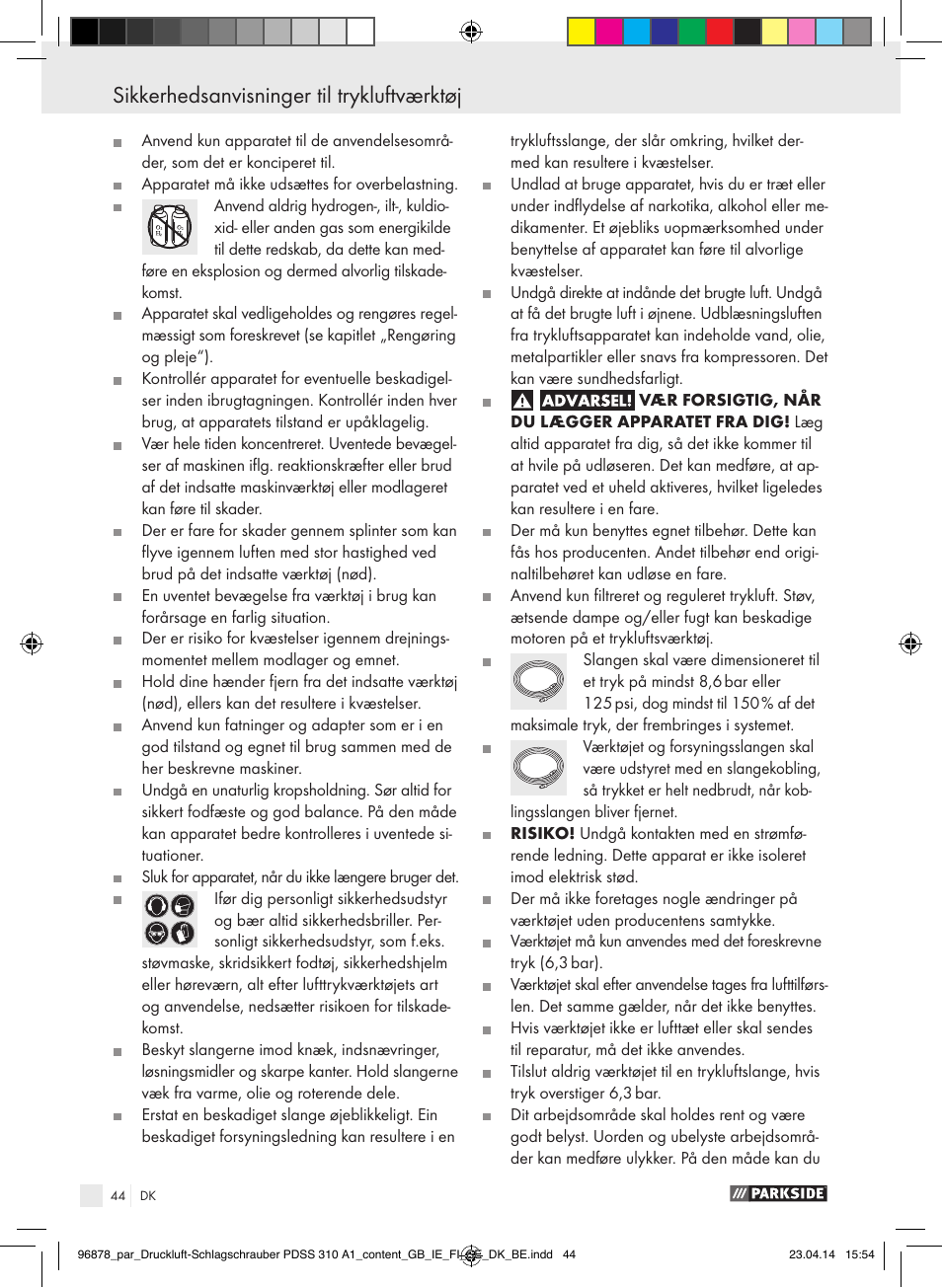 Sikkerhedsanvisninger til trykluftværktøj | Parkside PDSS 310 A1 User Manual | Page 44 / 94