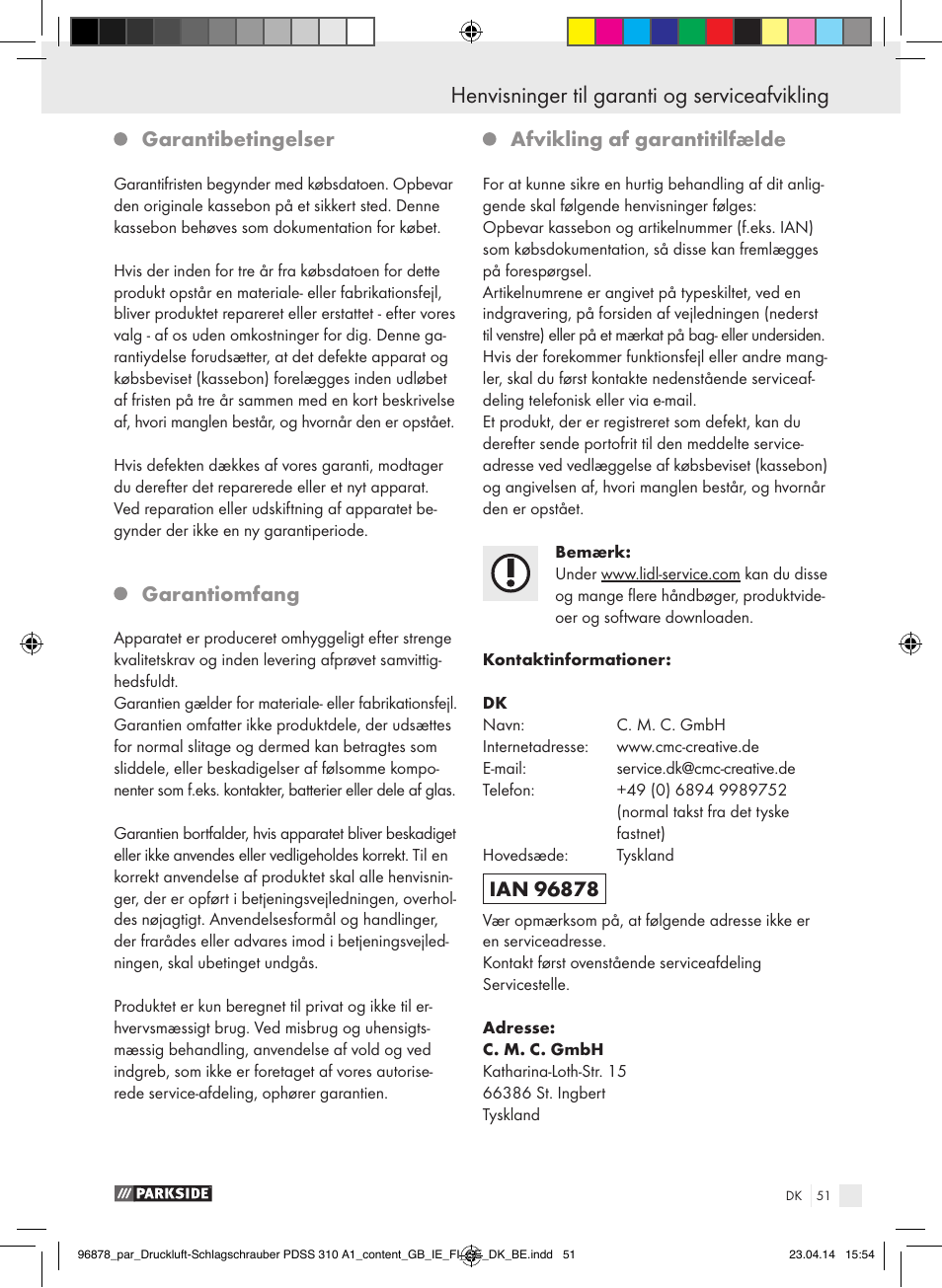 Garantibetingelser, Garantiomfang, Afvikling af garantitilfælde | Parkside PDSS 310 A1 User Manual | Page 51 / 94