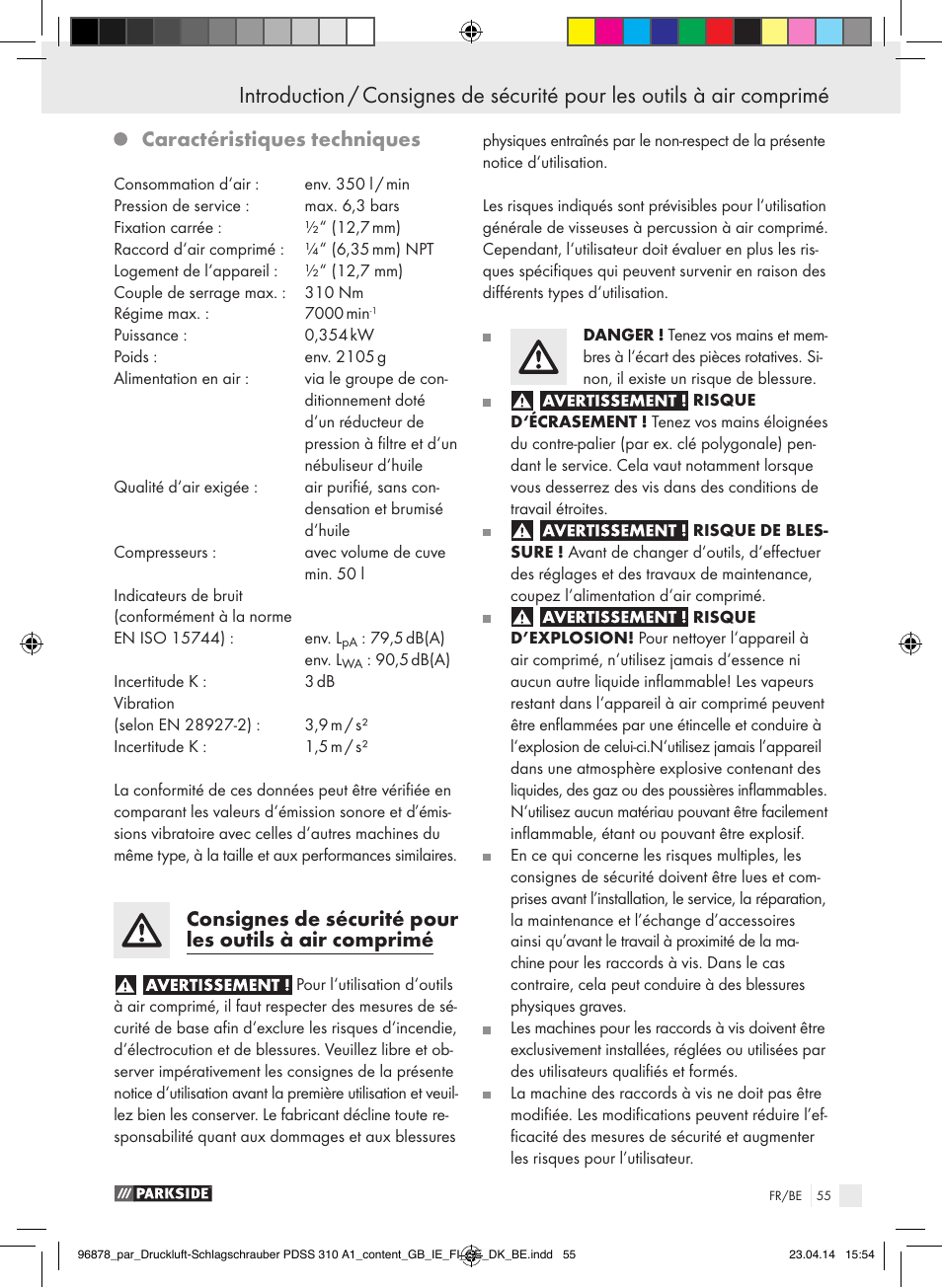 Caractéristiques techniques | Parkside PDSS 310 A1 User Manual | Page 55 / 94