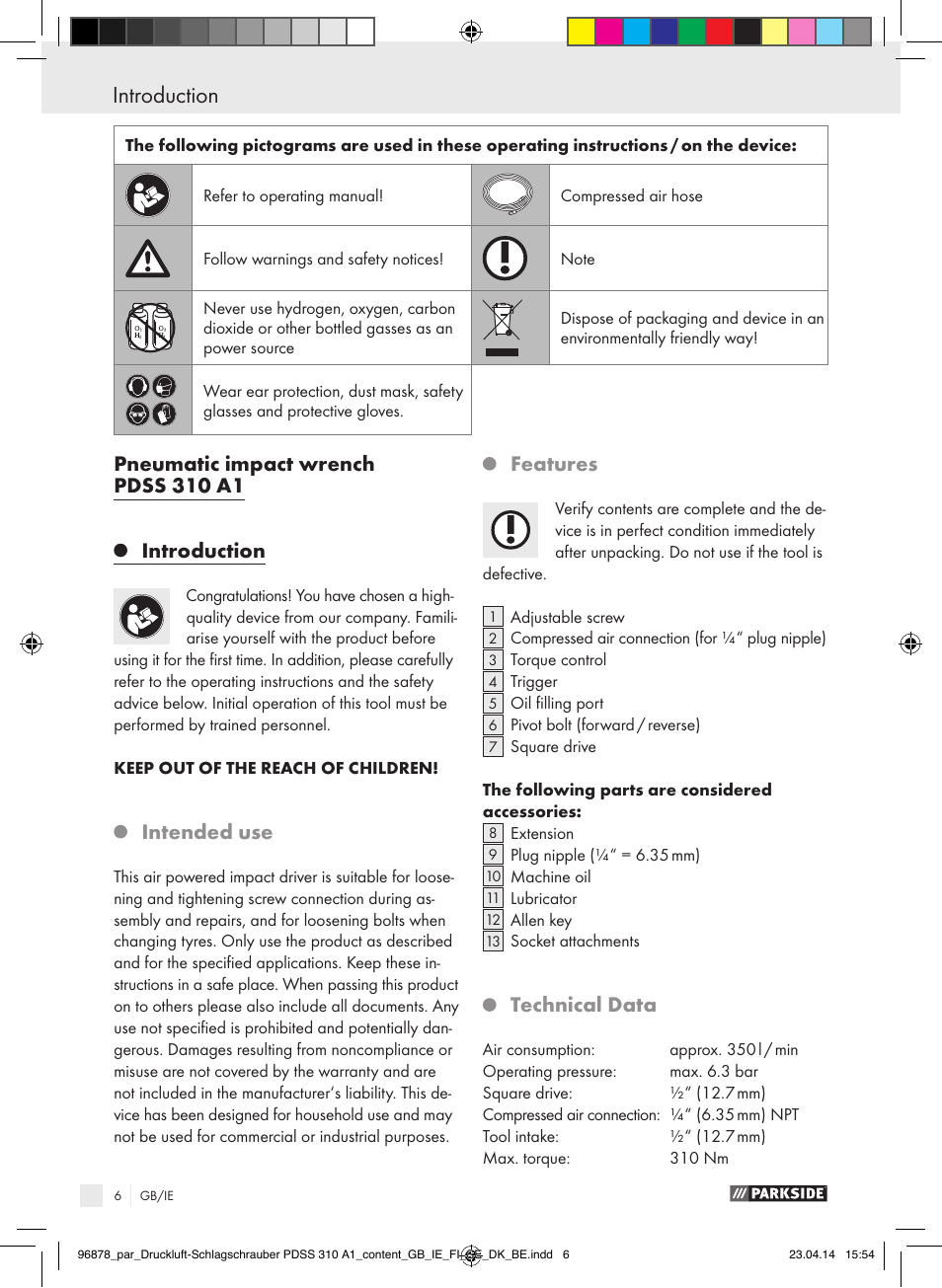 Pneumatic impact wrench pdss 310 a1 introduction, Intended use, Features | Technical data | Parkside PDSS 310 A1 User Manual | Page 6 / 94