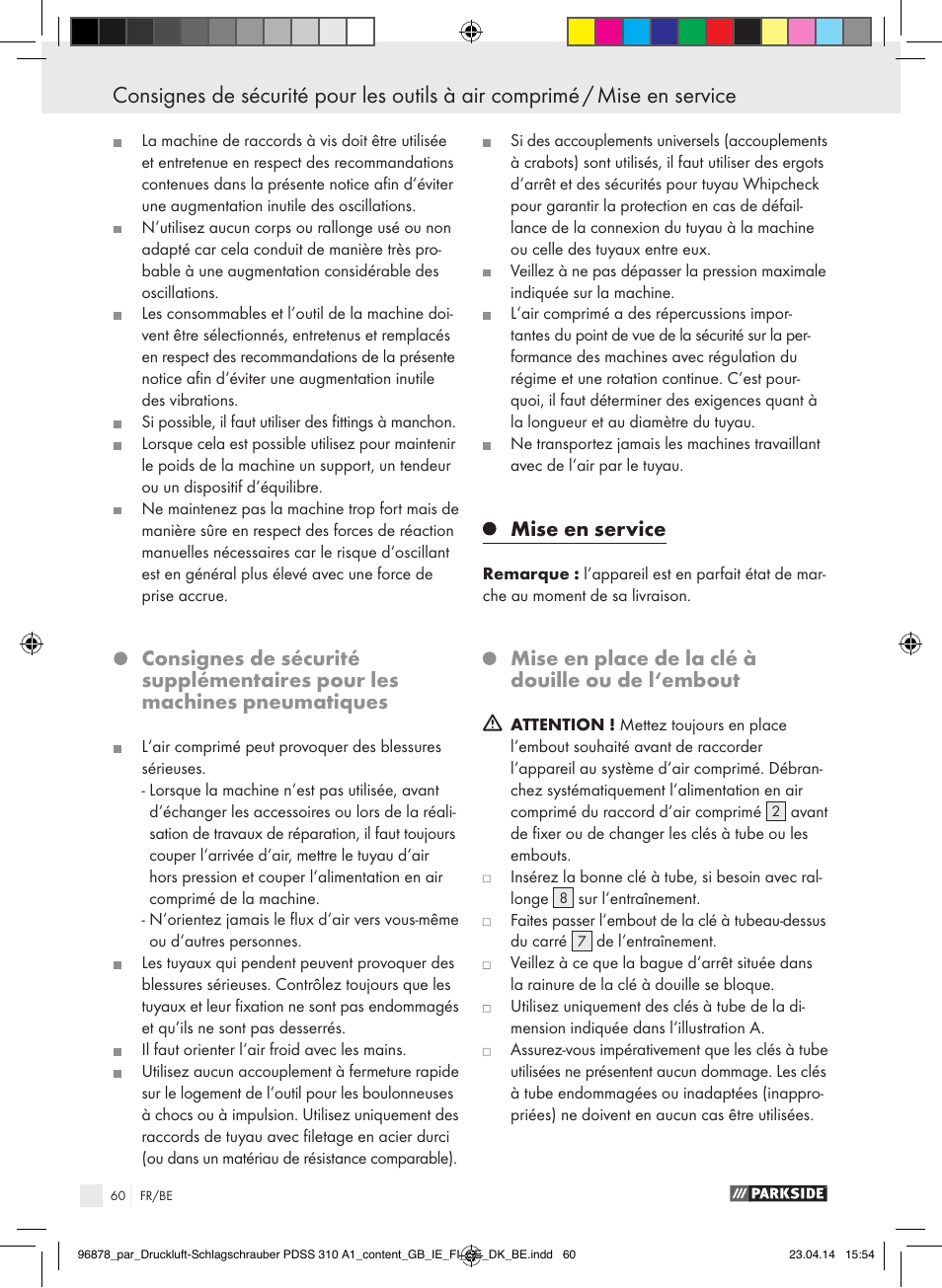 Mise en service, Mise en place de la clé à douille ou de l‘embout | Parkside PDSS 310 A1 User Manual | Page 60 / 94