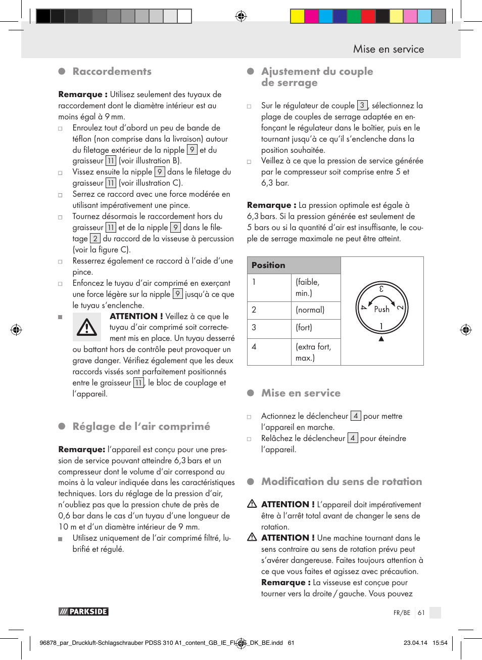 Raccordements, Réglage de l‘air comprimé, Ajustement du couple de serrage | Mise en service, Modification du sens de rotation | Parkside PDSS 310 A1 User Manual | Page 61 / 94
