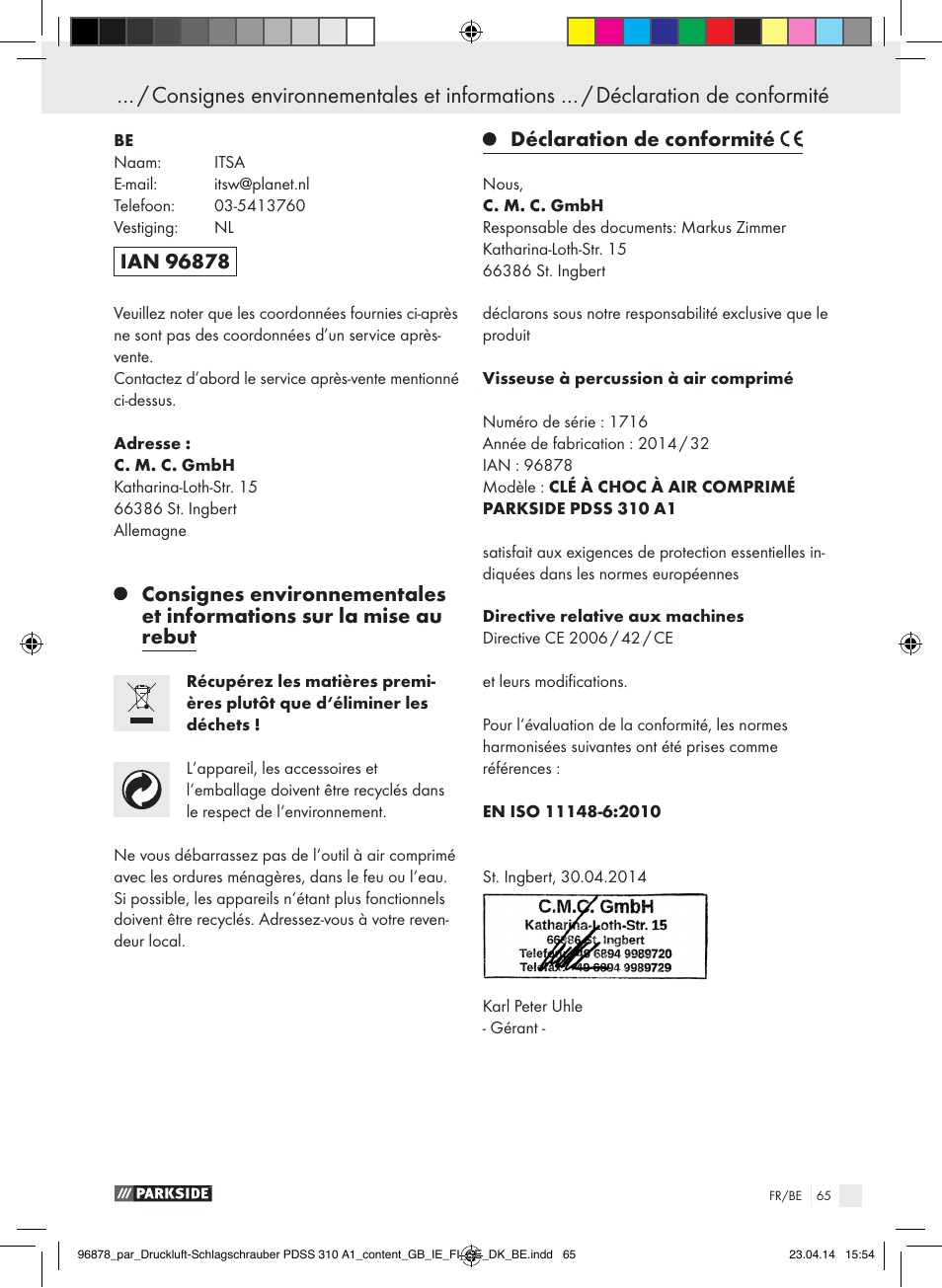 Déclaration de conformité | Parkside PDSS 310 A1 User Manual | Page 65 / 94