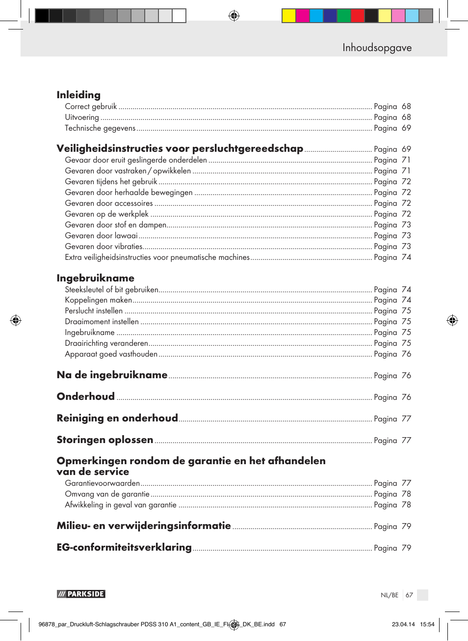 Inhoudsopgave | Parkside PDSS 310 A1 User Manual | Page 67 / 94