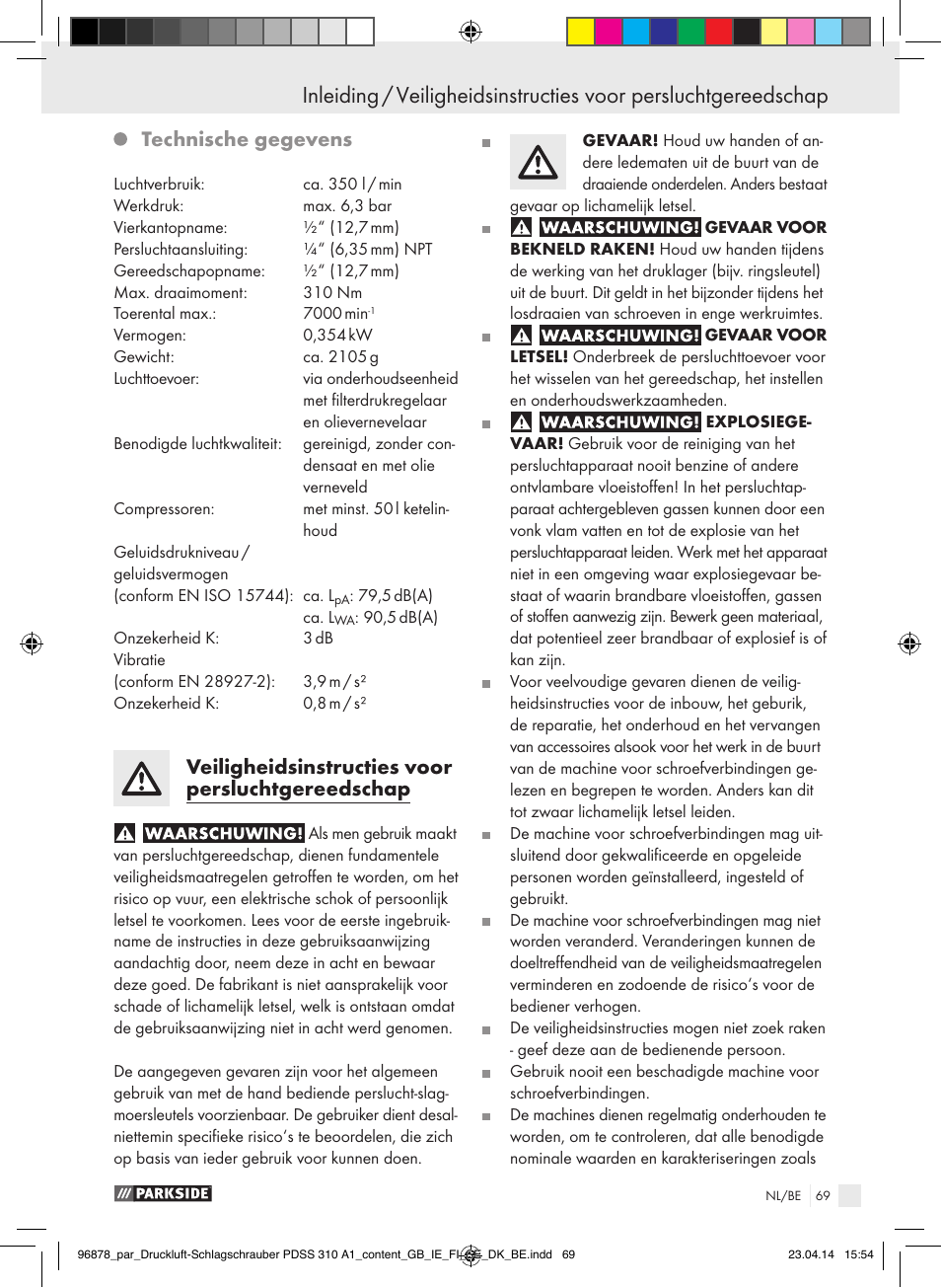 Technische gegevens, Veiligheidsinstructies voor persluchtgereedschap | Parkside PDSS 310 A1 User Manual | Page 69 / 94