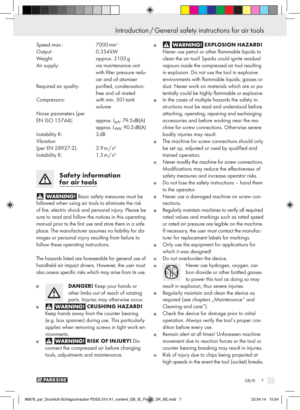 Safety information for air tools | Parkside PDSS 310 A1 User Manual | Page 7 / 94