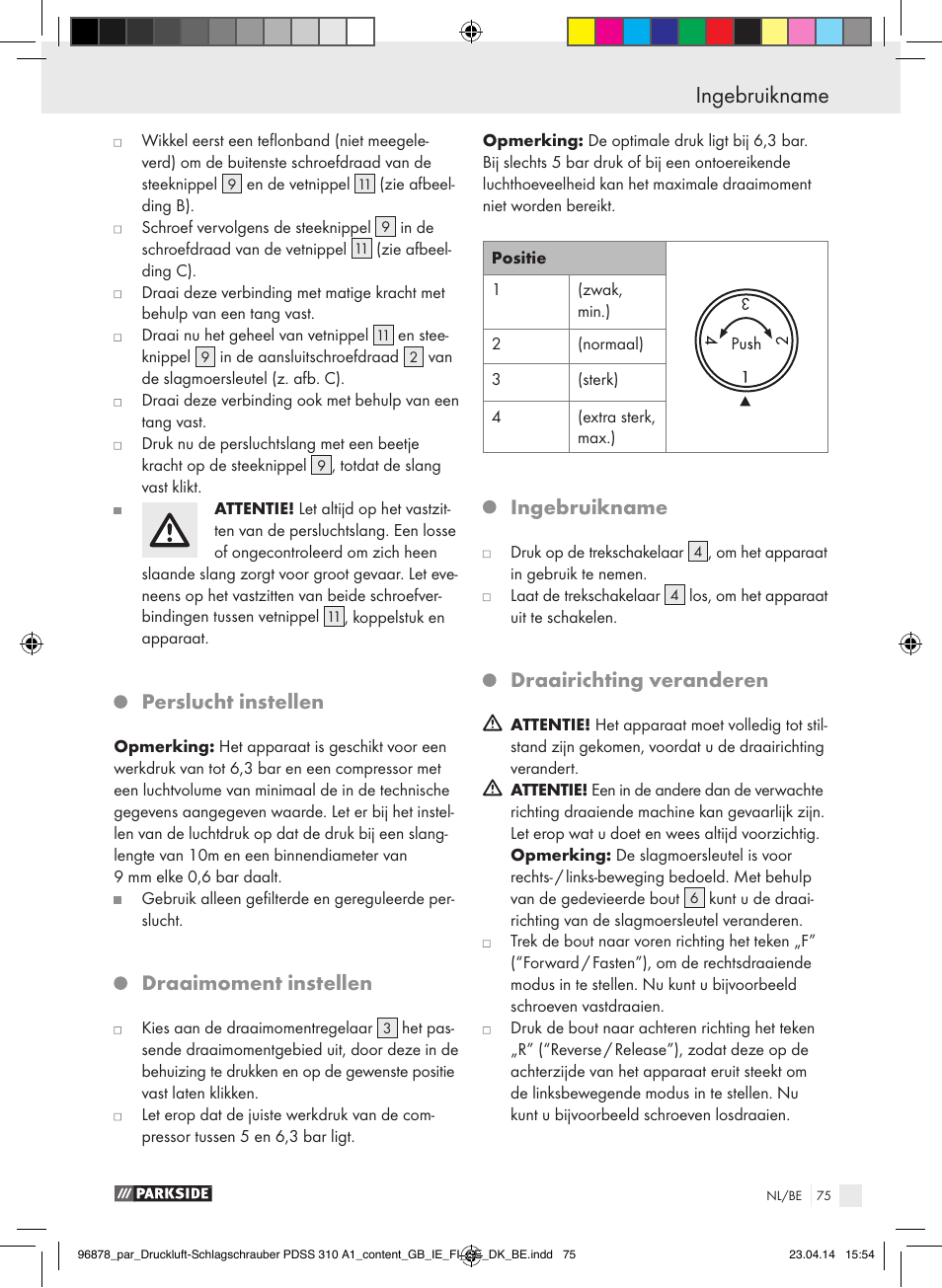 Perslucht instellen, Draaimoment instellen, Ingebruikname | Draairichting veranderen | Parkside PDSS 310 A1 User Manual | Page 75 / 94