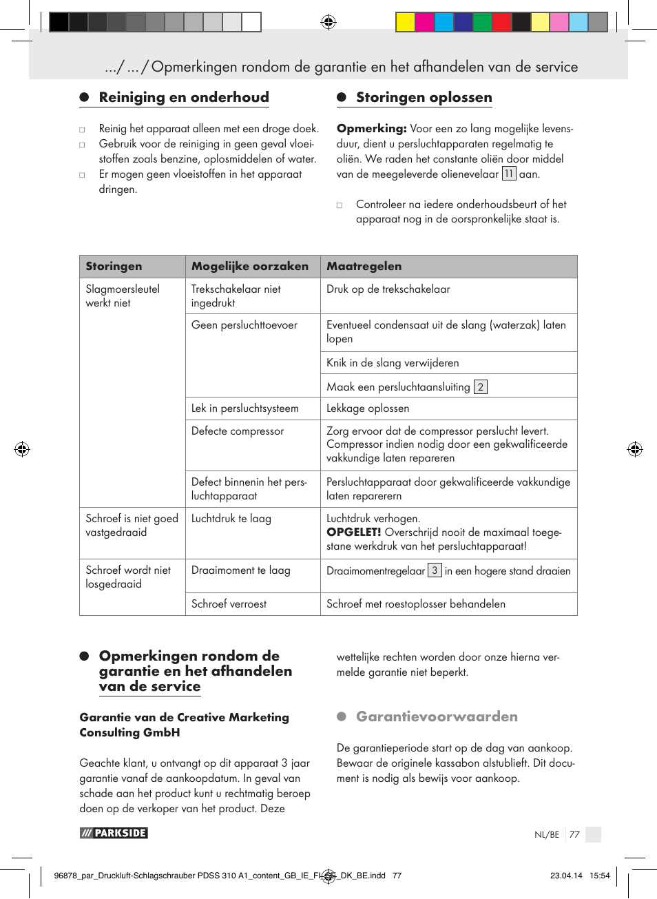 Reiniging en onderhoud, Storingen oplossen, Garantievoorwaarden | Parkside PDSS 310 A1 User Manual | Page 77 / 94