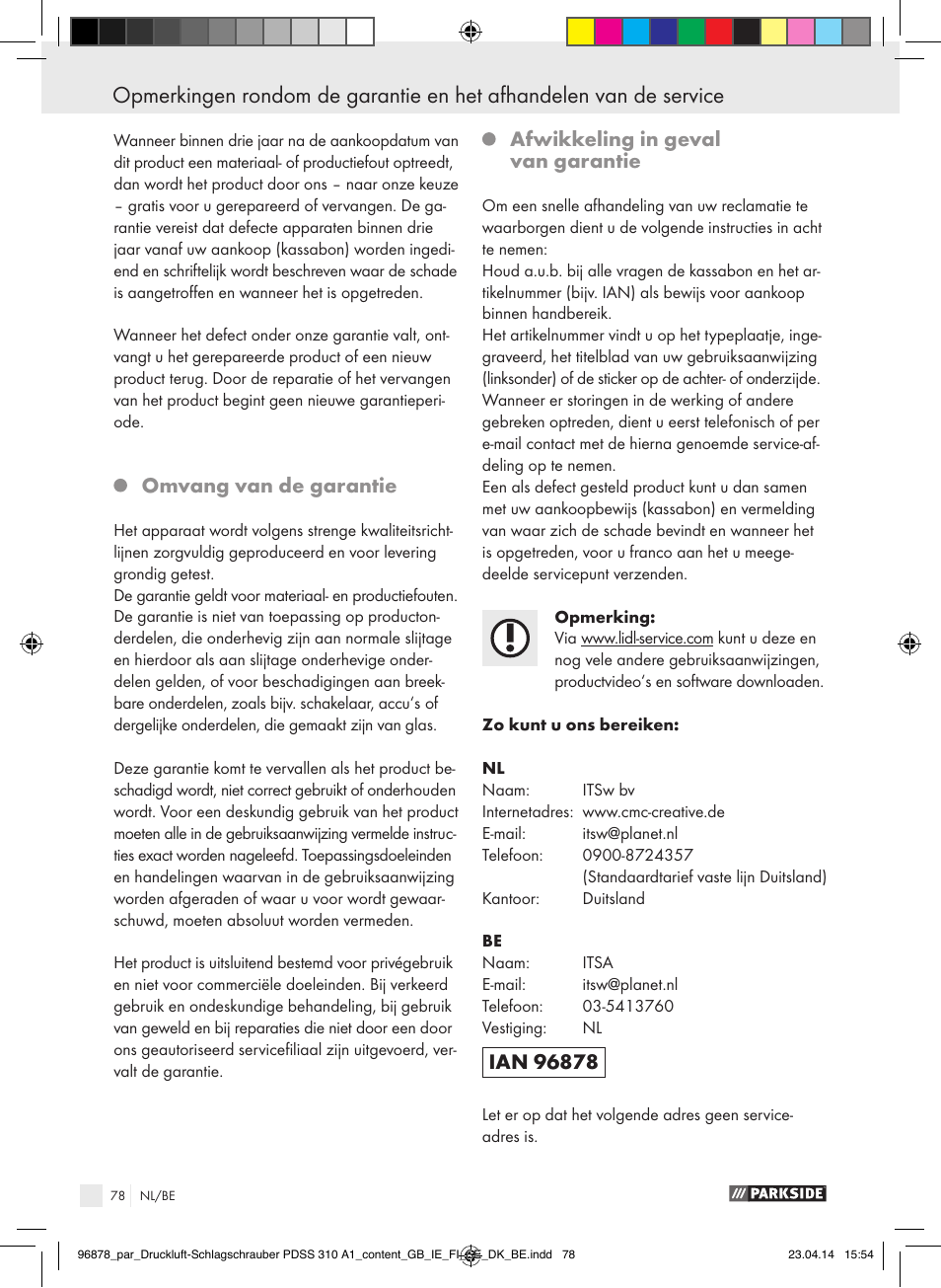 Omvang van de garantie, Afwikkeling in geval van garantie | Parkside PDSS 310 A1 User Manual | Page 78 / 94