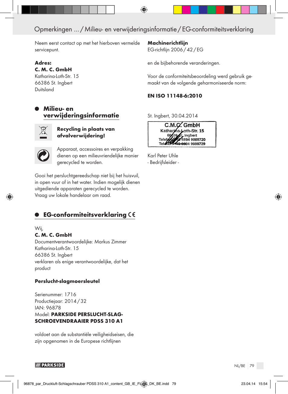 Milieu- en verwijderingsinformatie, Eg-conformiteitsverklaring | Parkside PDSS 310 A1 User Manual | Page 79 / 94