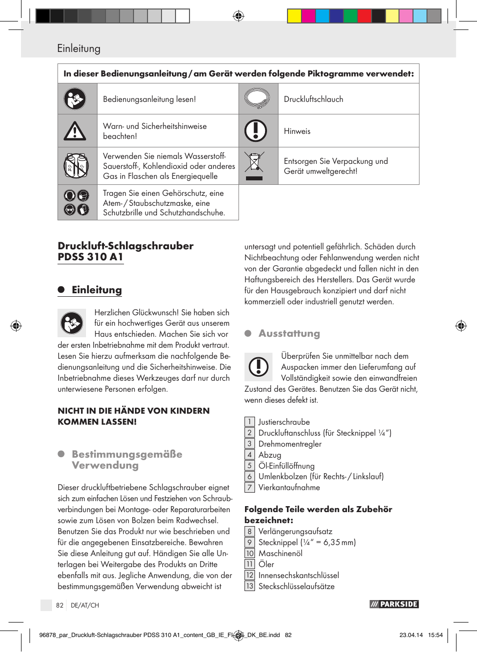 Druckluft-schlagschrauber pdss 310 a1 einleitung, Bestimmungsgemäße verwendung, Ausstattung | Parkside PDSS 310 A1 User Manual | Page 82 / 94