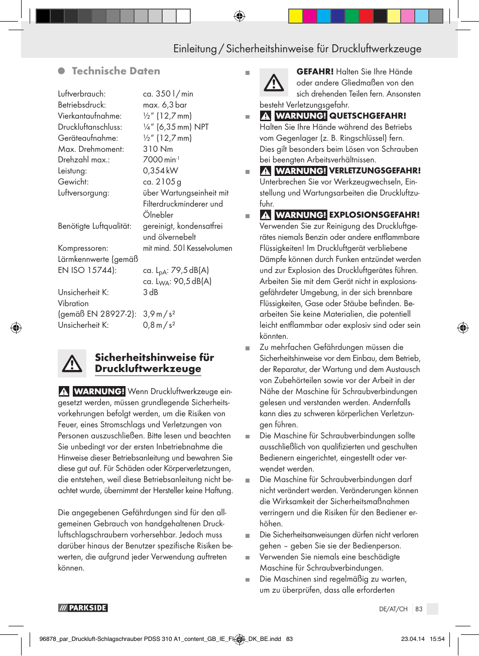 Einleitung, Technische daten, Sicherheitshinweise für druckluftwerkzeuge | Parkside PDSS 310 A1 User Manual | Page 83 / 94