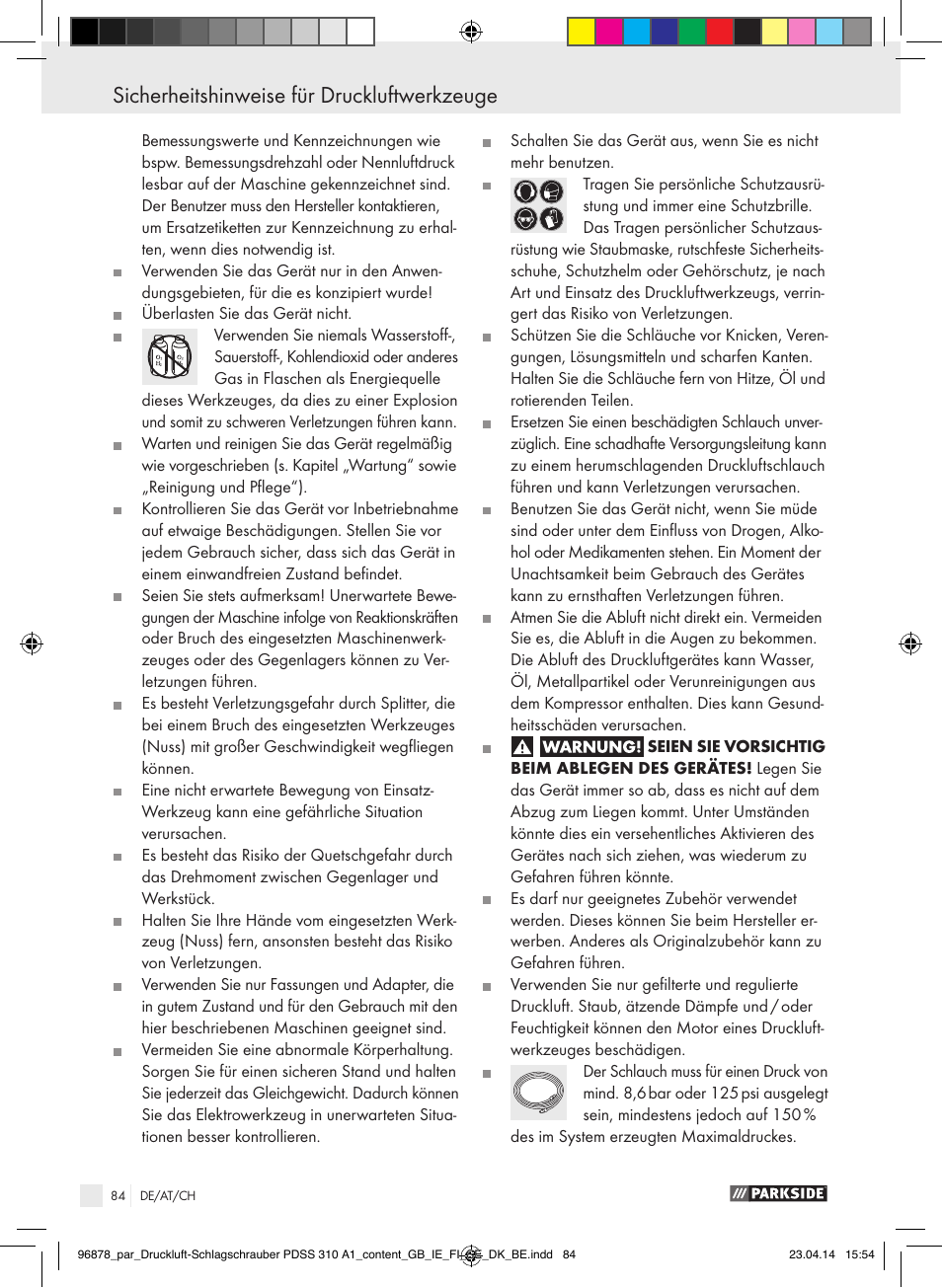 Sicherheitshinweise für druckluftwerkzeuge | Parkside PDSS 310 A1 User Manual | Page 84 / 94