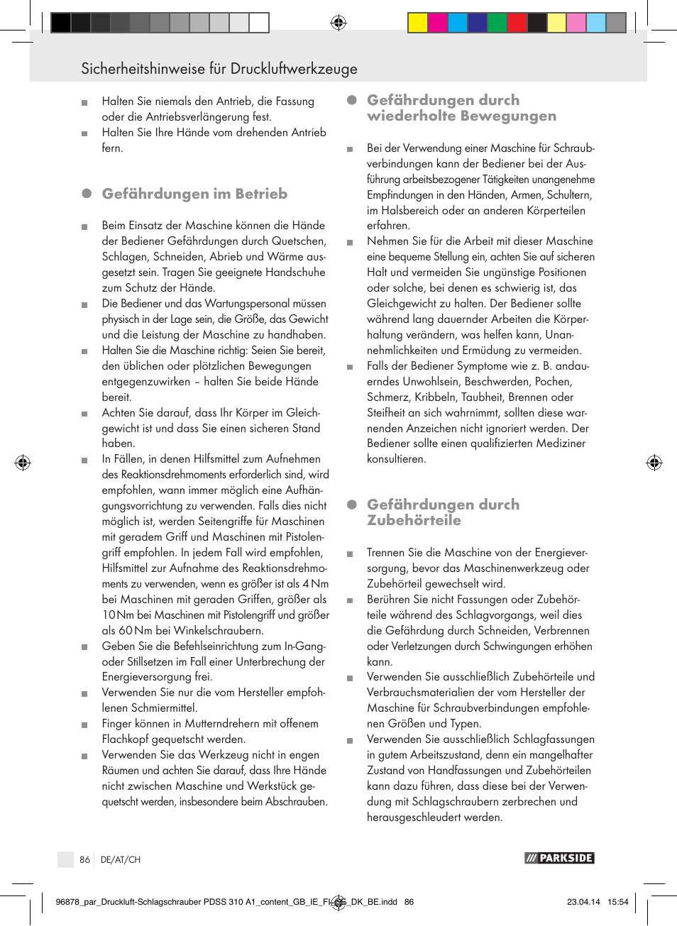 Sicherheitshinweise für druckluftwerkzeuge, Gefährdungen im betrieb, Gefährdungen durch wiederholte bewegungen | Gefährdungen durch zubehörteile | Parkside PDSS 310 A1 User Manual | Page 86 / 94