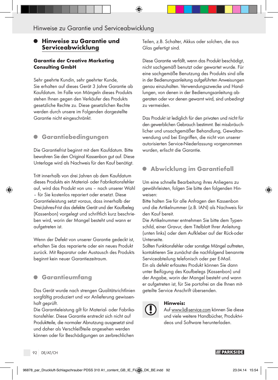 Hinweise zu garantie und serviceabwicklung, Garantiebedingungen, Garantieumfang | Abwicklung im garantiefall | Parkside PDSS 310 A1 User Manual | Page 92 / 94