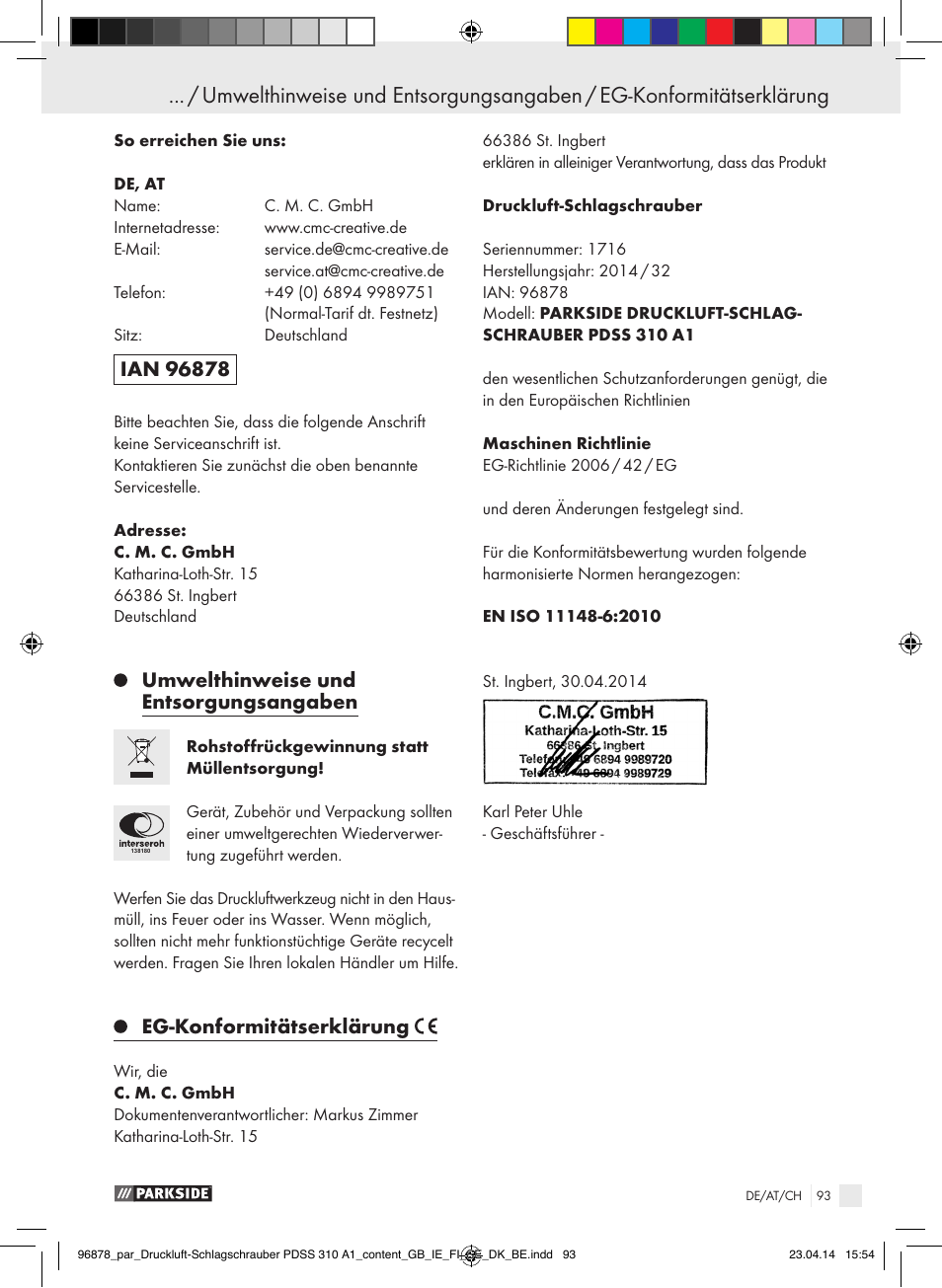 Umwelthinweise und entsorgungsangaben, Eg-konformitätserklärung | Parkside PDSS 310 A1 User Manual | Page 93 / 94