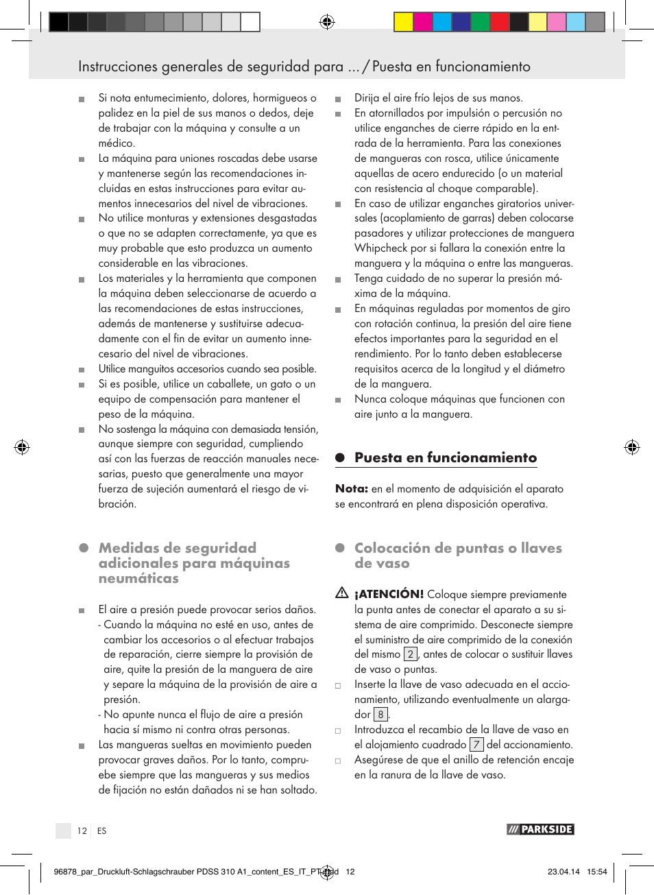 Puesta en funcionamiento, Colocación de puntas o llaves de vaso | Parkside PDSS 310 A1 User Manual | Page 12 / 72