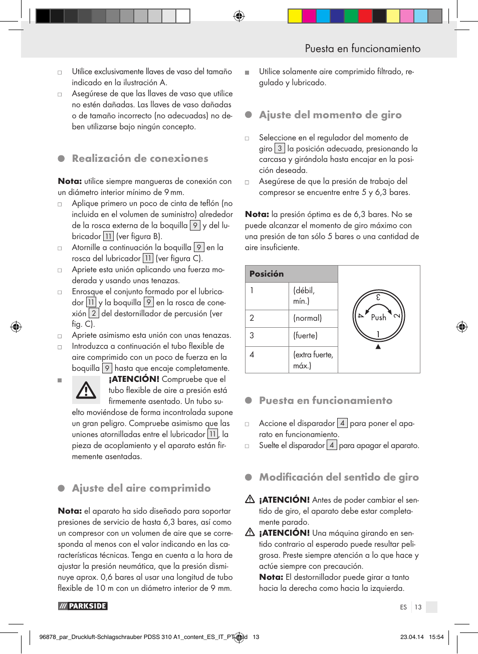 Realización de conexiones, Ajuste del aire comprimido, Ajuste del momento de giro | Puesta en funcionamiento, Modificación del sentido de giro | Parkside PDSS 310 A1 User Manual | Page 13 / 72