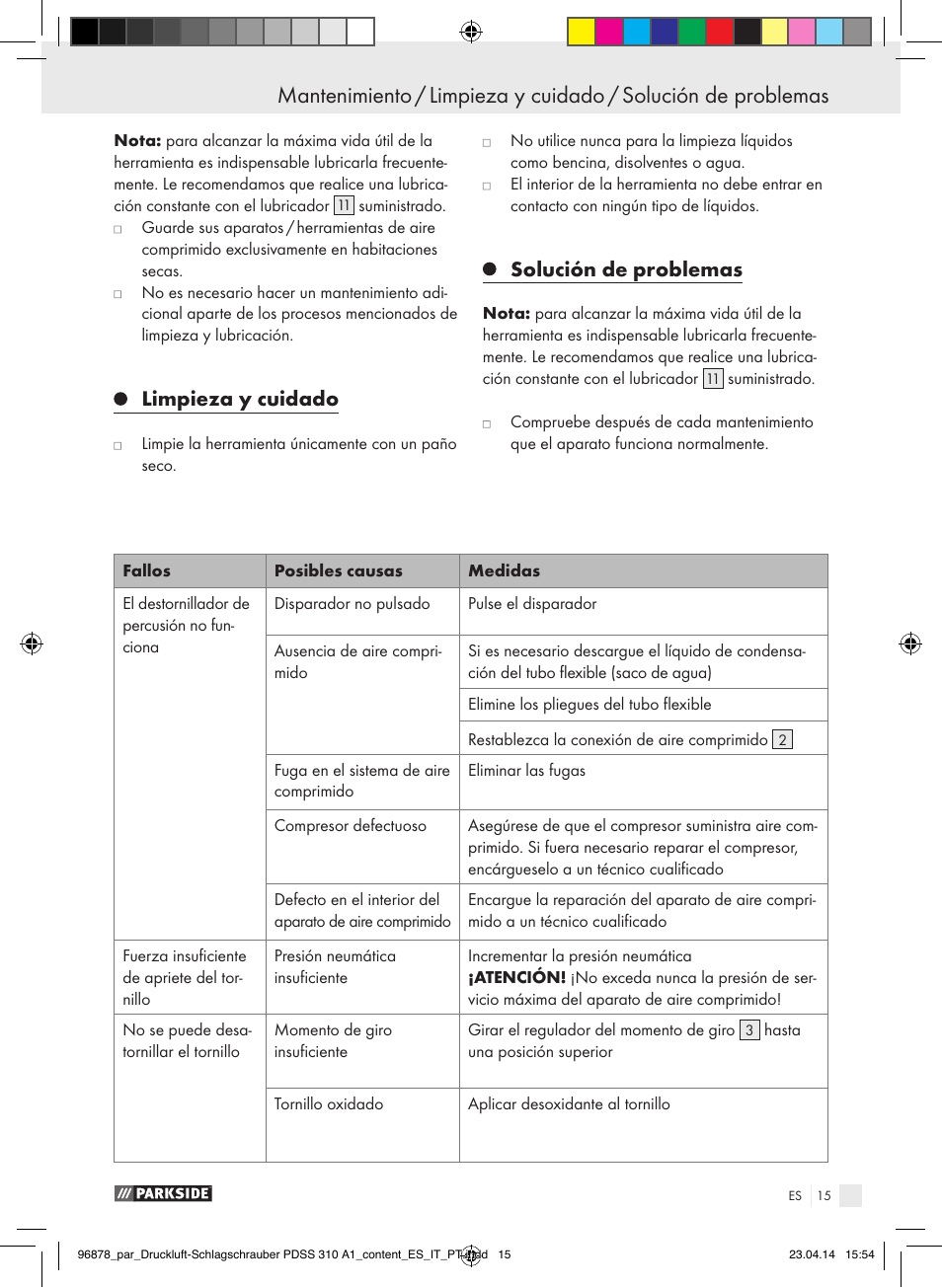 Limpieza y cuidado, Solución de problemas | Parkside PDSS 310 A1 User Manual | Page 15 / 72