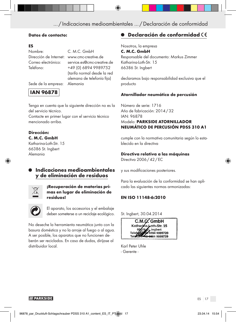 Declaración de conformidad | Parkside PDSS 310 A1 User Manual | Page 17 / 72
