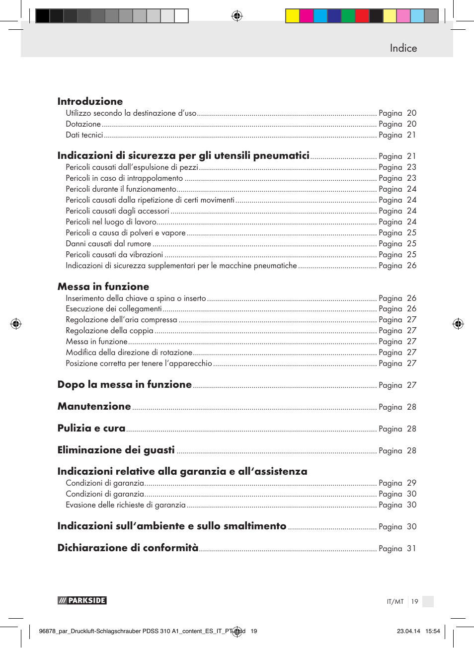 Indice | Parkside PDSS 310 A1 User Manual | Page 19 / 72