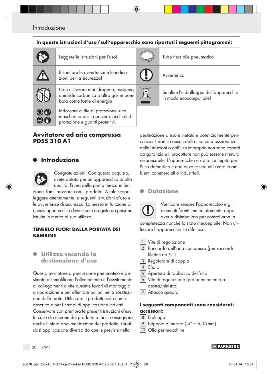 Utilizzo secondo la destinazione d’uso, Dotazione | Parkside PDSS 310 A1 User Manual | Page 20 / 72