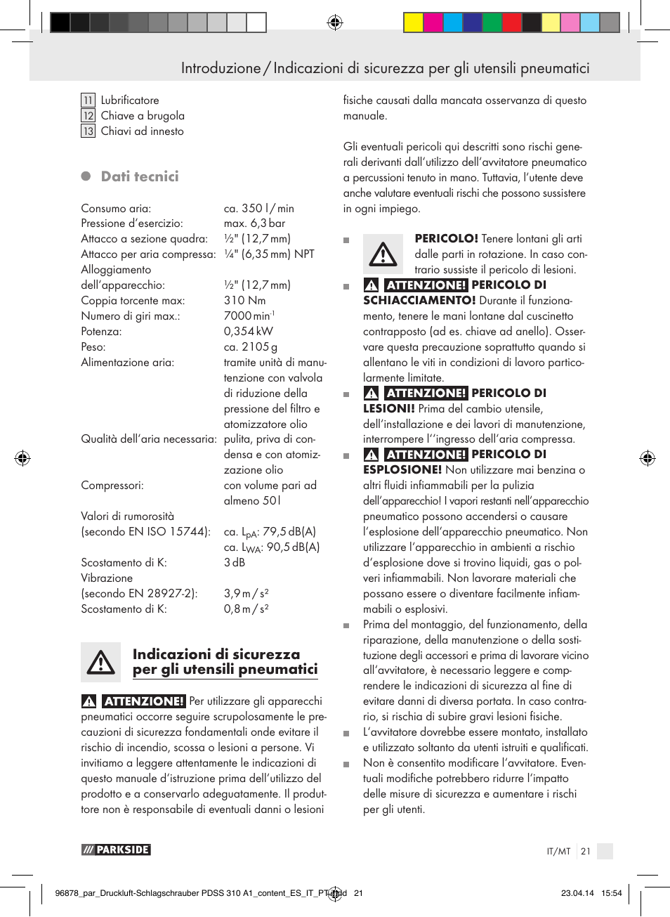 Dati tecnici | Parkside PDSS 310 A1 User Manual | Page 21 / 72