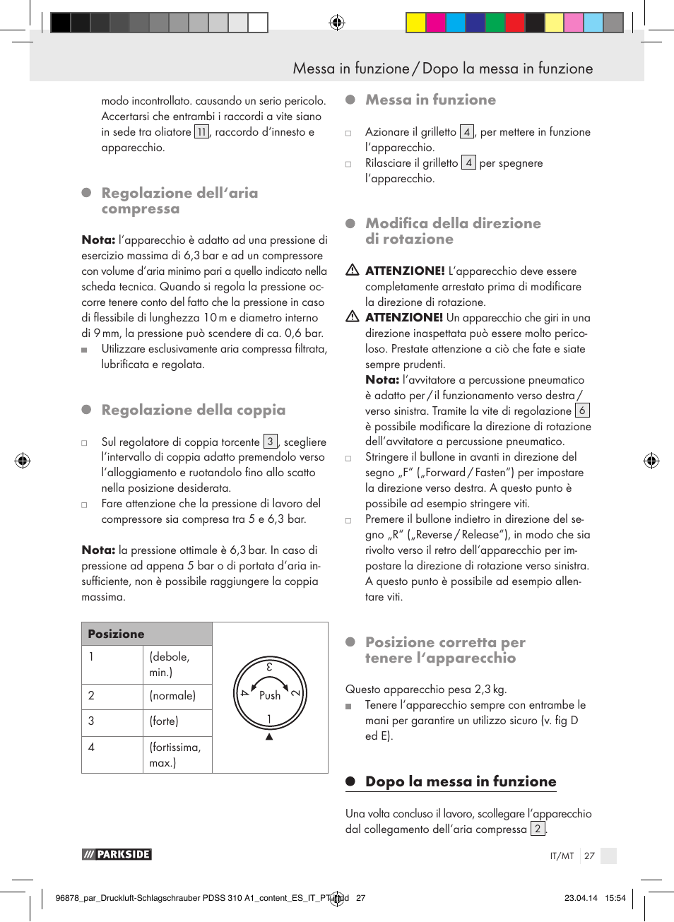 Regolazione dell‘aria compressa, Regolazione della coppia, Messa in funzione | Modifica della direzione di rotazione, Posizione corretta per tenere l‘apparecchio, Dopo la messa in funzione | Parkside PDSS 310 A1 User Manual | Page 27 / 72