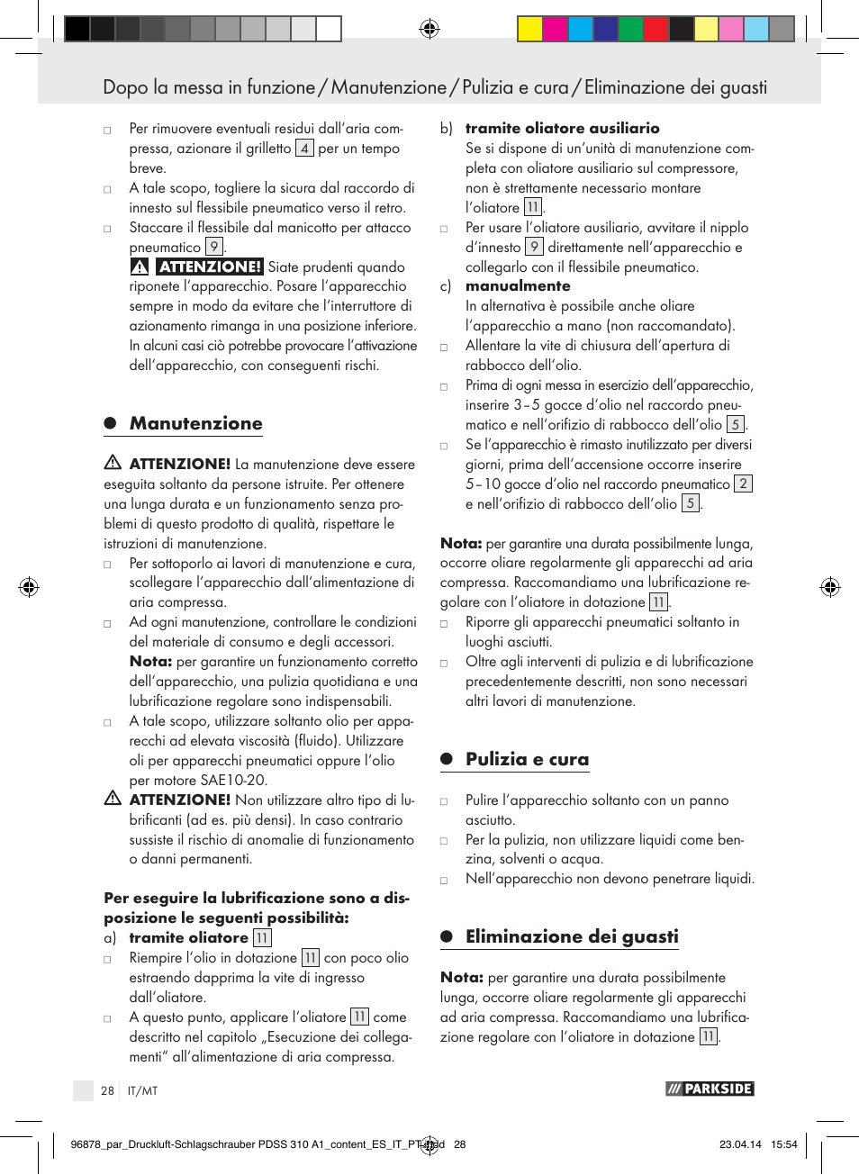 Manutenzione, Pulizia e cura, Eliminazione dei guasti | Parkside PDSS 310 A1 User Manual | Page 28 / 72