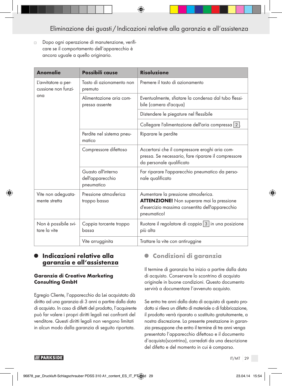 Condizioni di garanzia | Parkside PDSS 310 A1 User Manual | Page 29 / 72