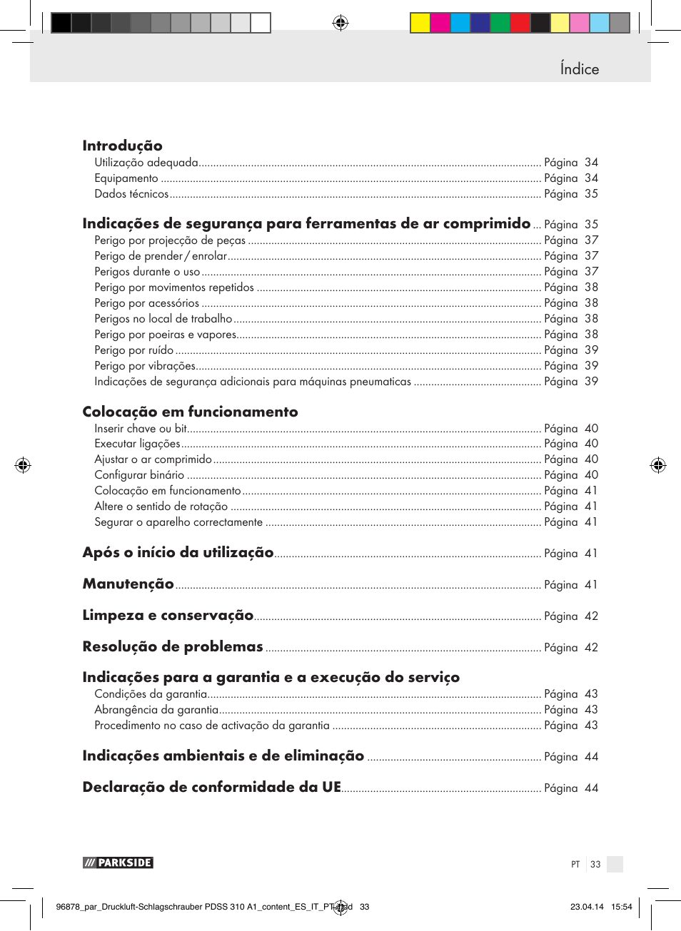 Índice | Parkside PDSS 310 A1 User Manual | Page 33 / 72