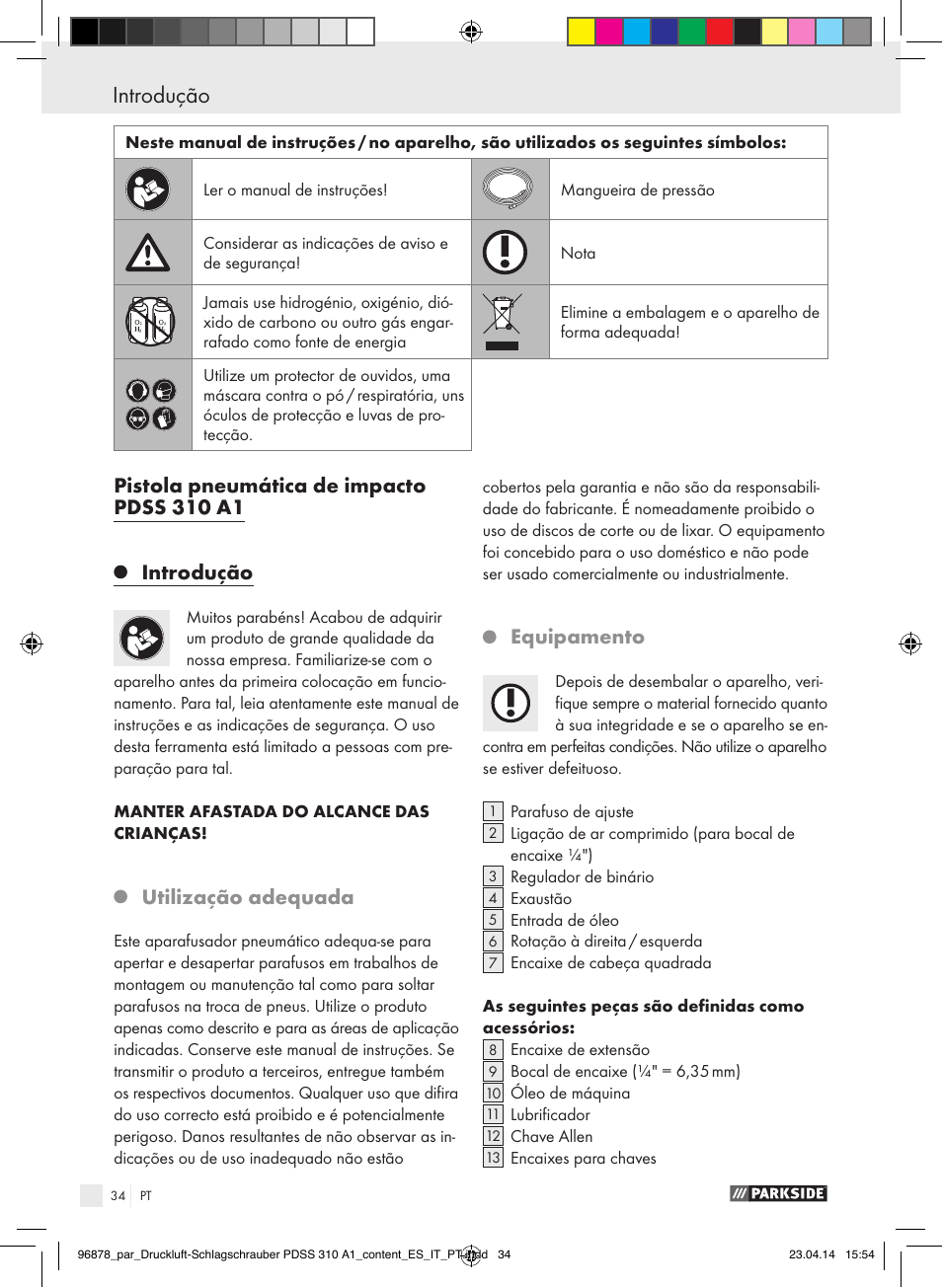 Introdução, Utilização adequada, Equipamento | Parkside PDSS 310 A1 User Manual | Page 34 / 72