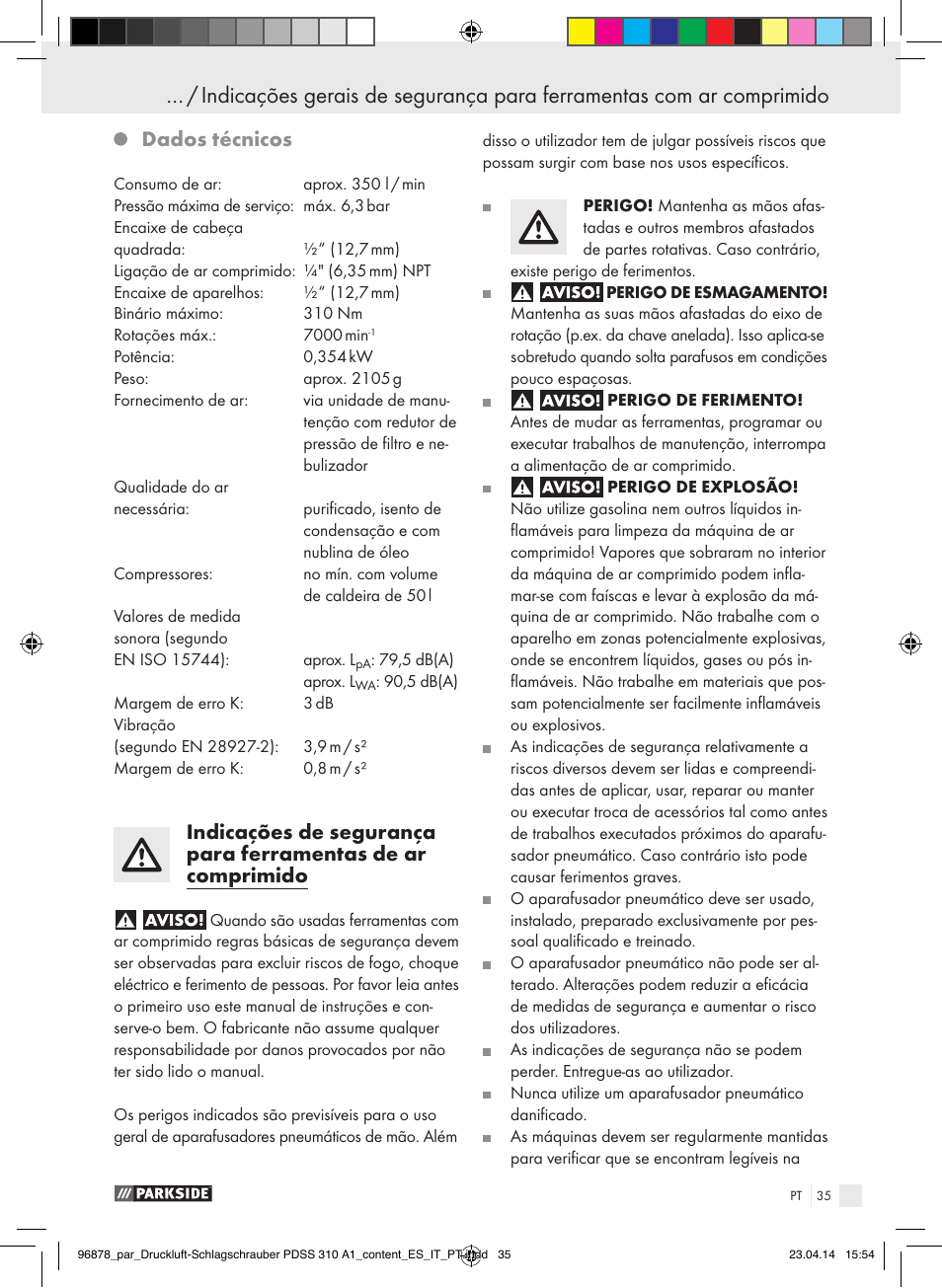 Dados técnicos | Parkside PDSS 310 A1 User Manual | Page 35 / 72