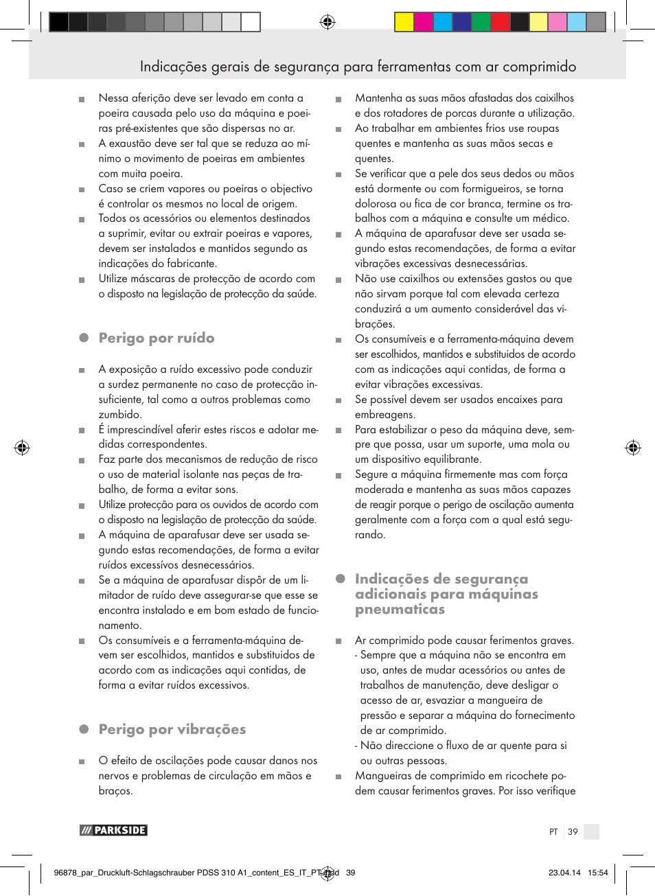 Perigo por ruído, Perigo por vibrações | Parkside PDSS 310 A1 User Manual | Page 39 / 72