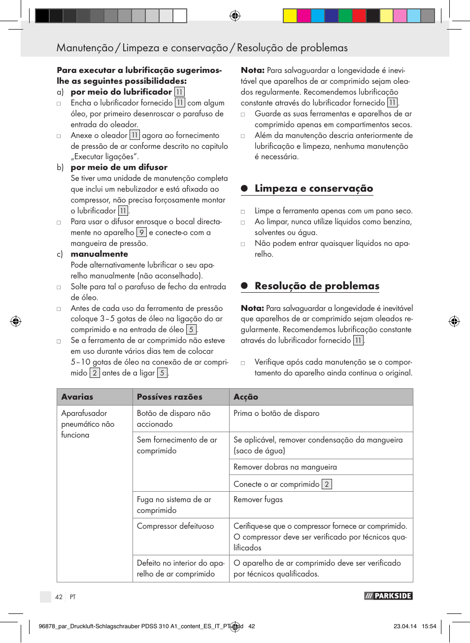 Limpeza e conservação, Resolução de problemas | Parkside PDSS 310 A1 User Manual | Page 42 / 72