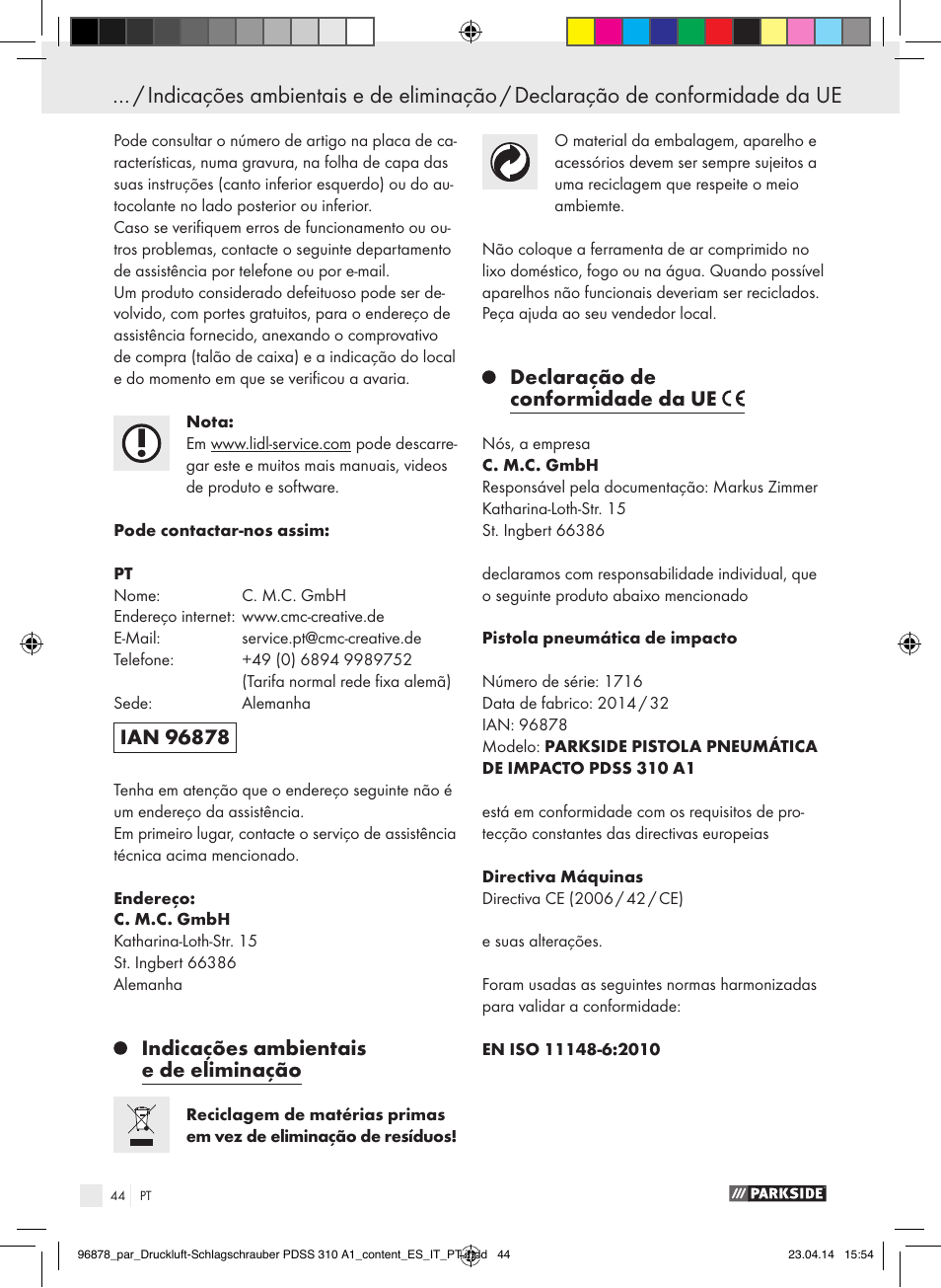 Indicações ambientais e de eliminação, Declaração de conformidade da ue | Parkside PDSS 310 A1 User Manual | Page 44 / 72