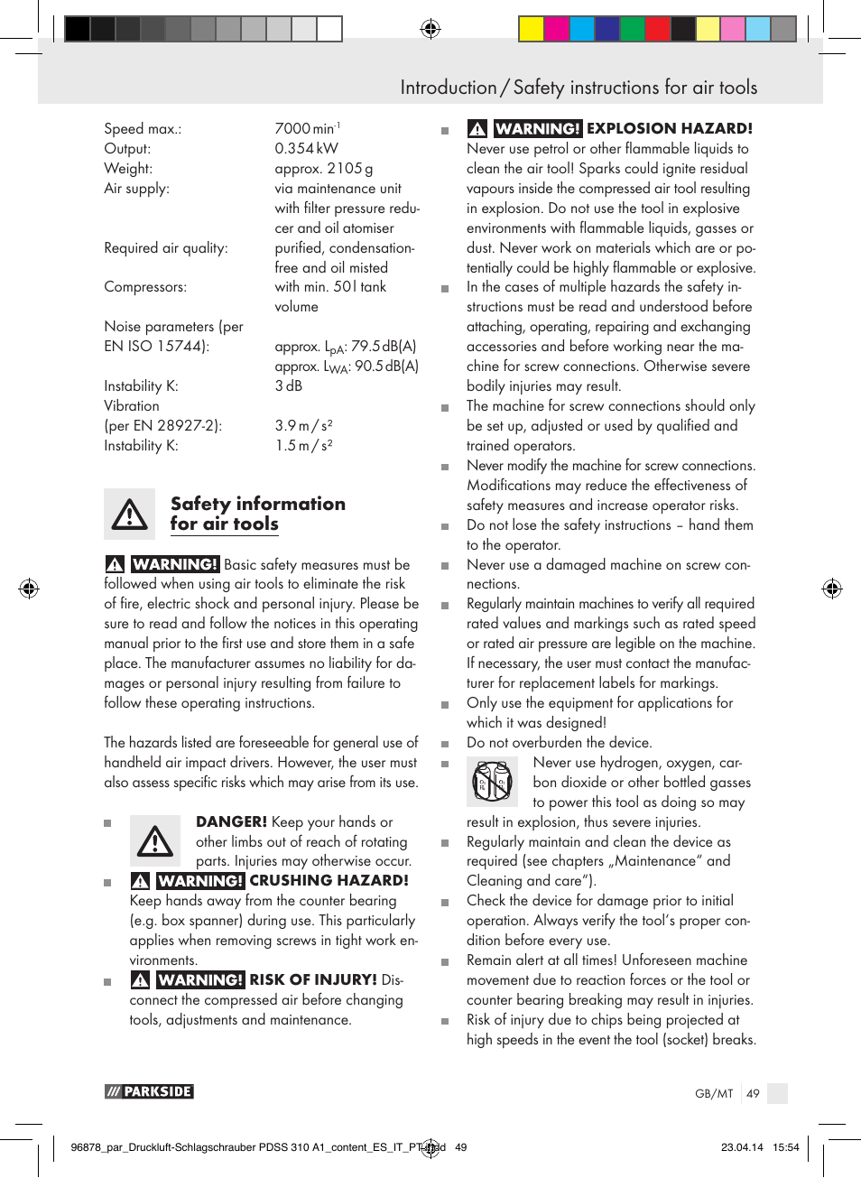 Safety information for air tools | Parkside PDSS 310 A1 User Manual | Page 49 / 72