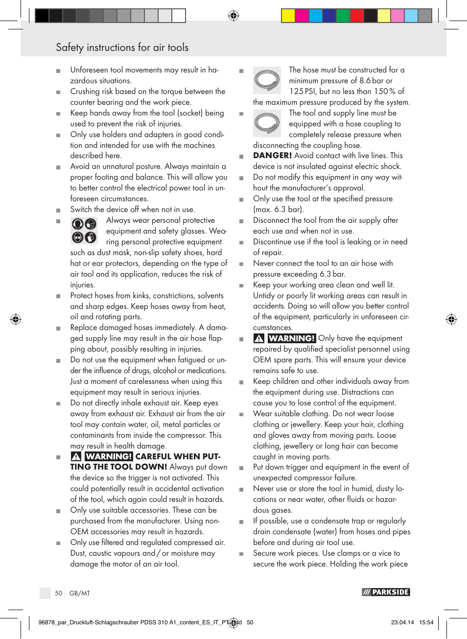 Safety instructions for air tools | Parkside PDSS 310 A1 User Manual | Page 50 / 72