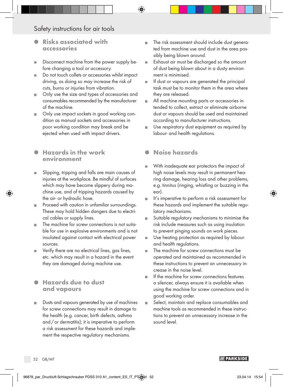 Safety instructions for air tools, Safety instructions for air tools / commissioning, Risks associated with accessories | Hazards in the work environment, Hazards due to dust and vapours, Noise hazards | Parkside PDSS 310 A1 User Manual | Page 52 / 72