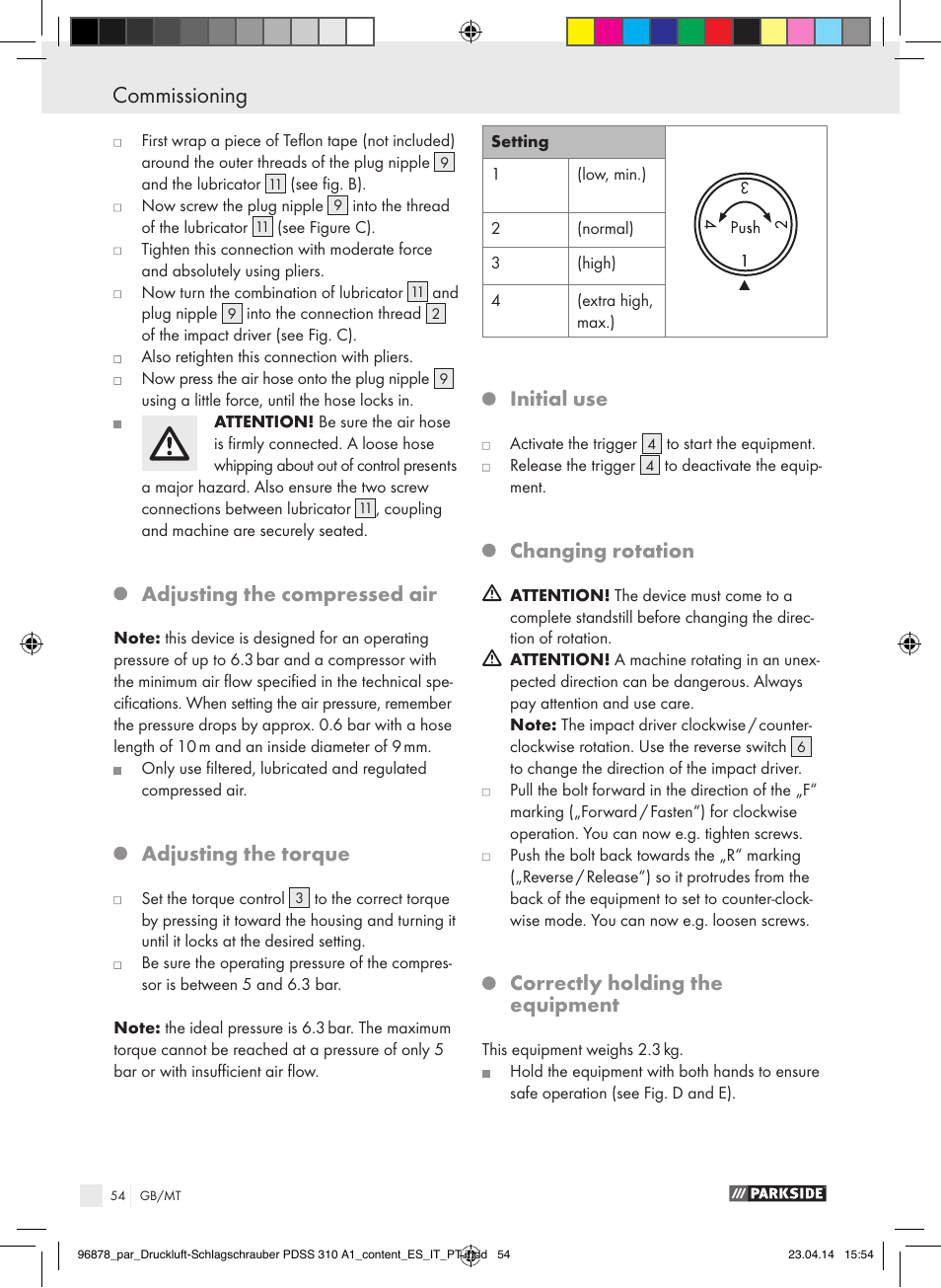 Commissioning, Adjusting the compressed air, Adjusting the torque | Initial use, Changing rotation, Correctly holding the equipment | Parkside PDSS 310 A1 User Manual | Page 54 / 72