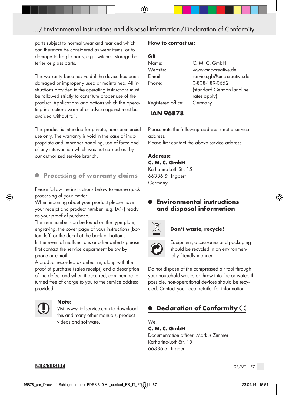 Processing of warranty claims, Declaration of conformity | Parkside PDSS 310 A1 User Manual | Page 57 / 72