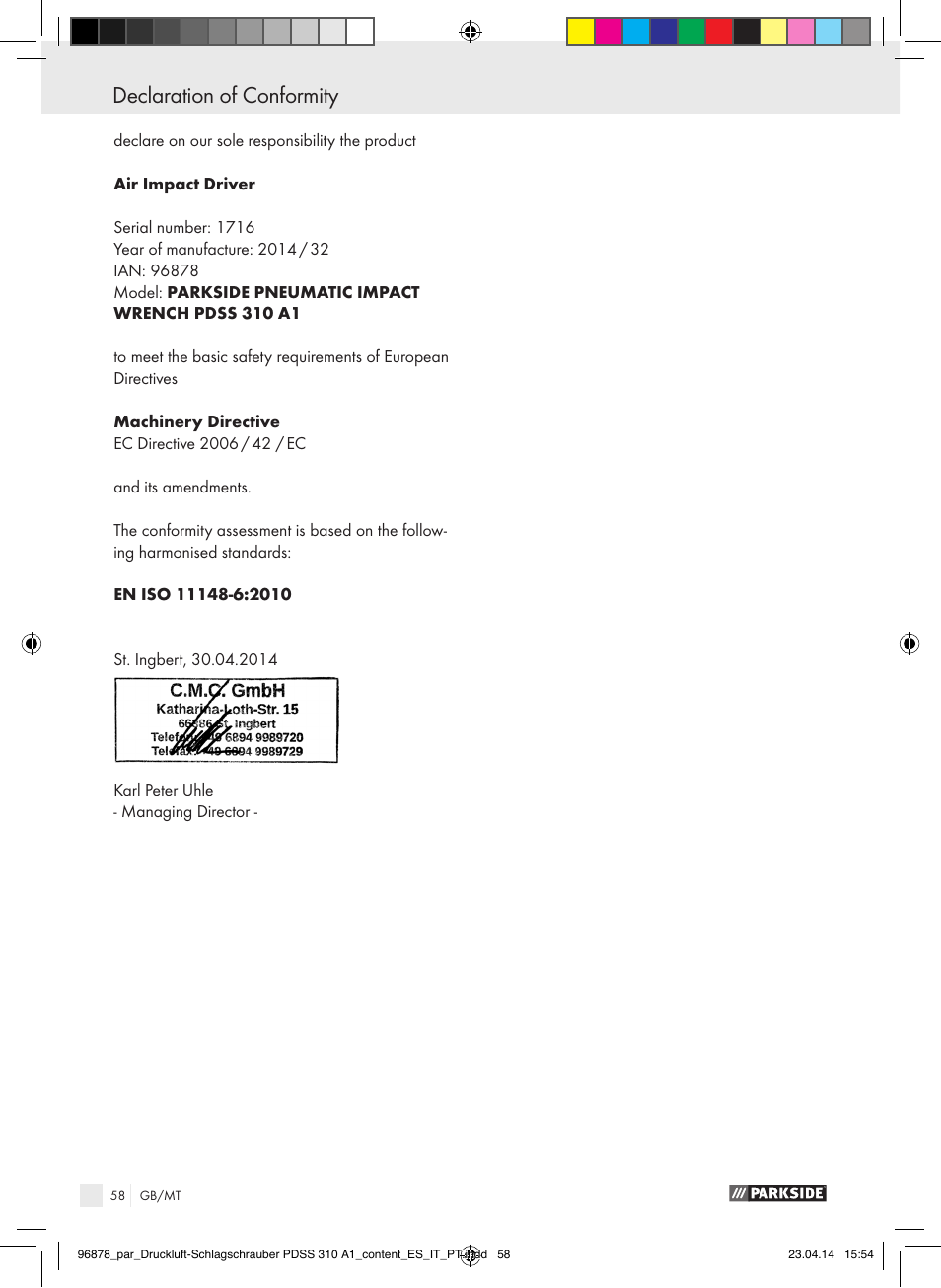Declaration of conformity inhaltsverzeichnis | Parkside PDSS 310 A1 User Manual | Page 58 / 72