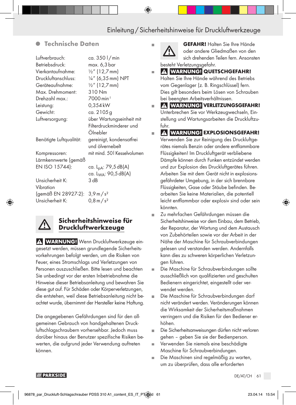 Einleitung, Technische daten, Sicherheitshinweise für druckluftwerkzeuge | Parkside PDSS 310 A1 User Manual | Page 61 / 72