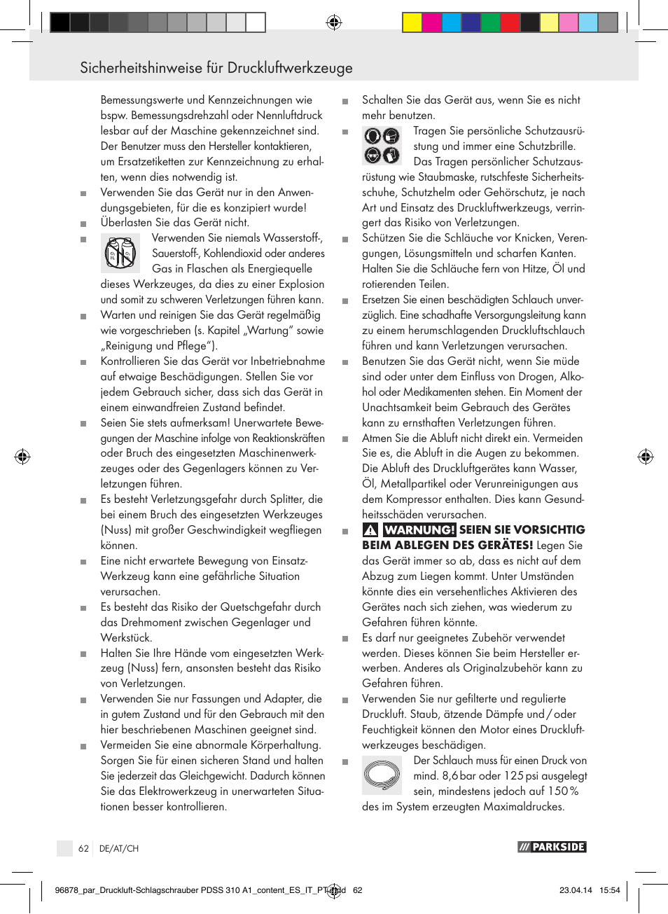 Sicherheitshinweise für druckluftwerkzeuge | Parkside PDSS 310 A1 User Manual | Page 62 / 72