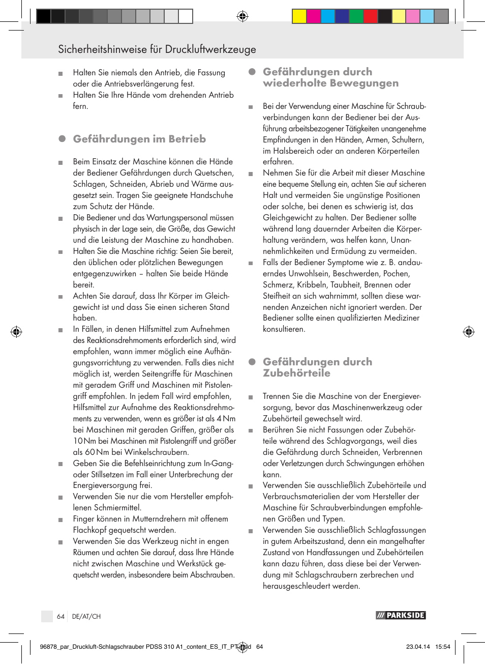 Sicherheitshinweise für druckluftwerkzeuge, Gefährdungen im betrieb, Gefährdungen durch wiederholte bewegungen | Gefährdungen durch zubehörteile | Parkside PDSS 310 A1 User Manual | Page 64 / 72