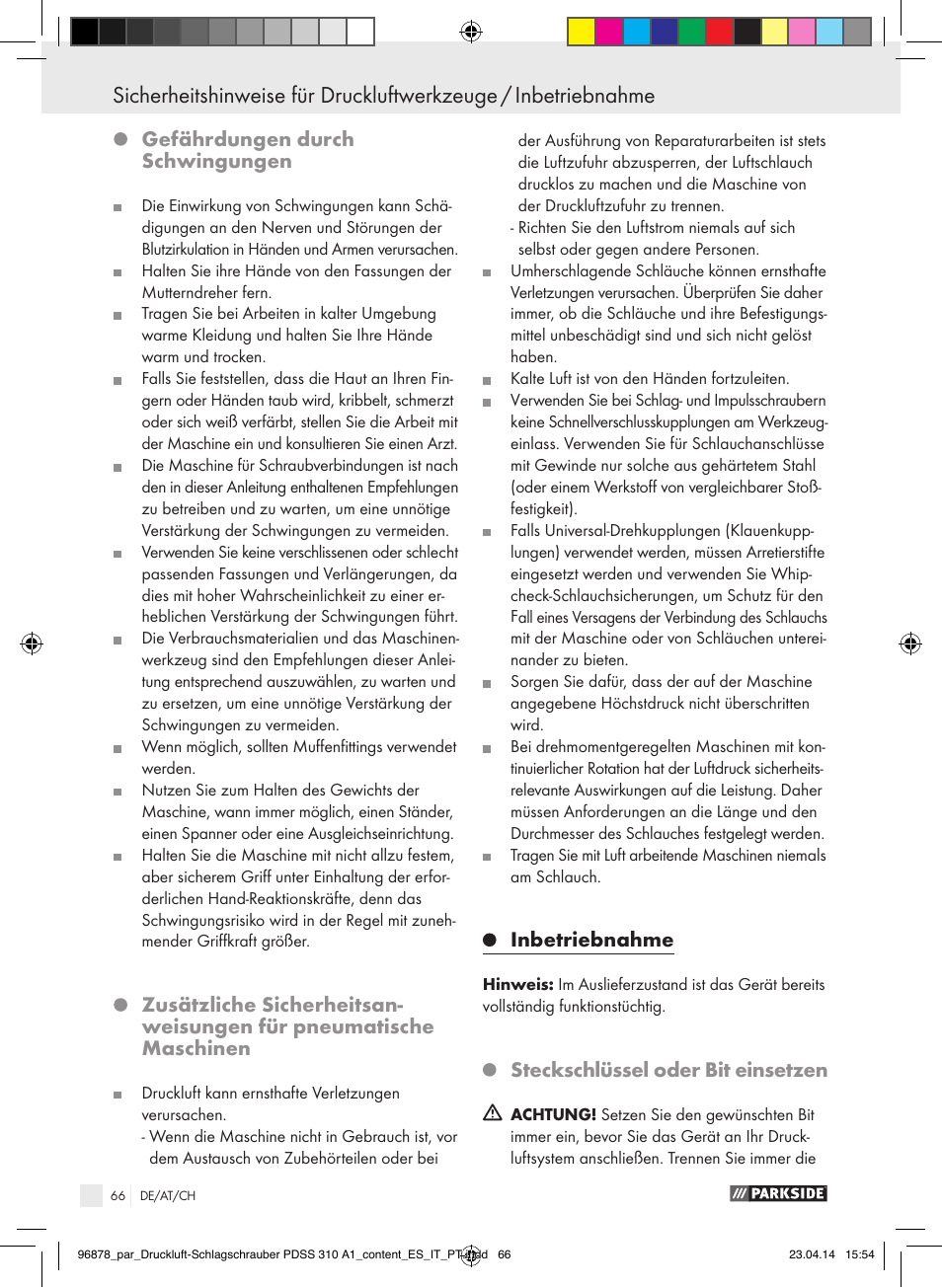 Gefährdungen durch schwingungen, Inbetriebnahme, Steckschlüssel oder bit einsetzen | Parkside PDSS 310 A1 User Manual | Page 66 / 72