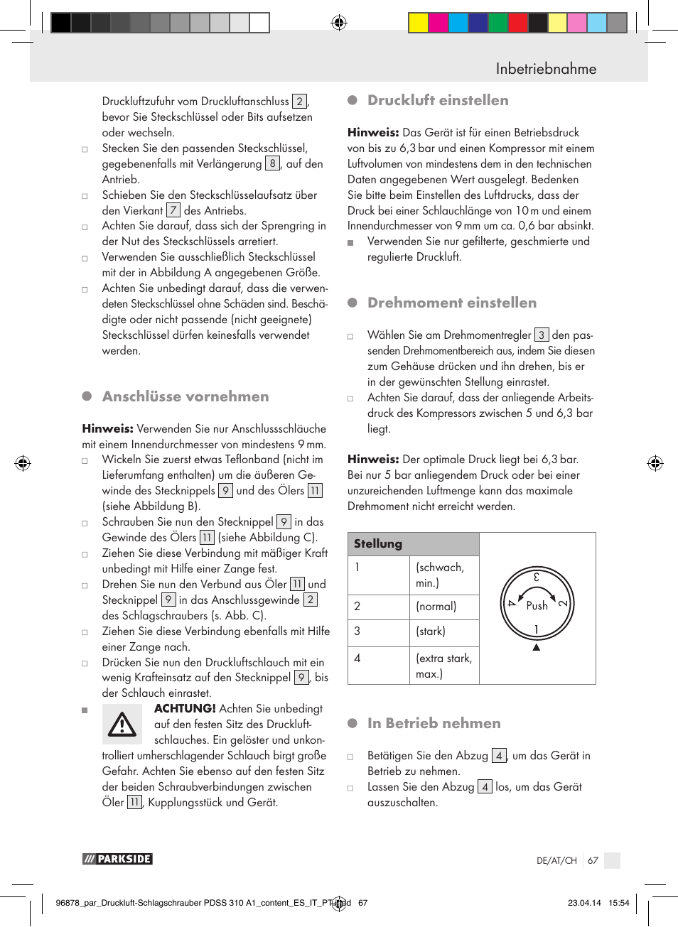 Inbetriebnahme, Anschlüsse vornehmen, Druckluft einstellen | Drehmoment einstellen | Parkside PDSS 310 A1 User Manual | Page 67 / 72