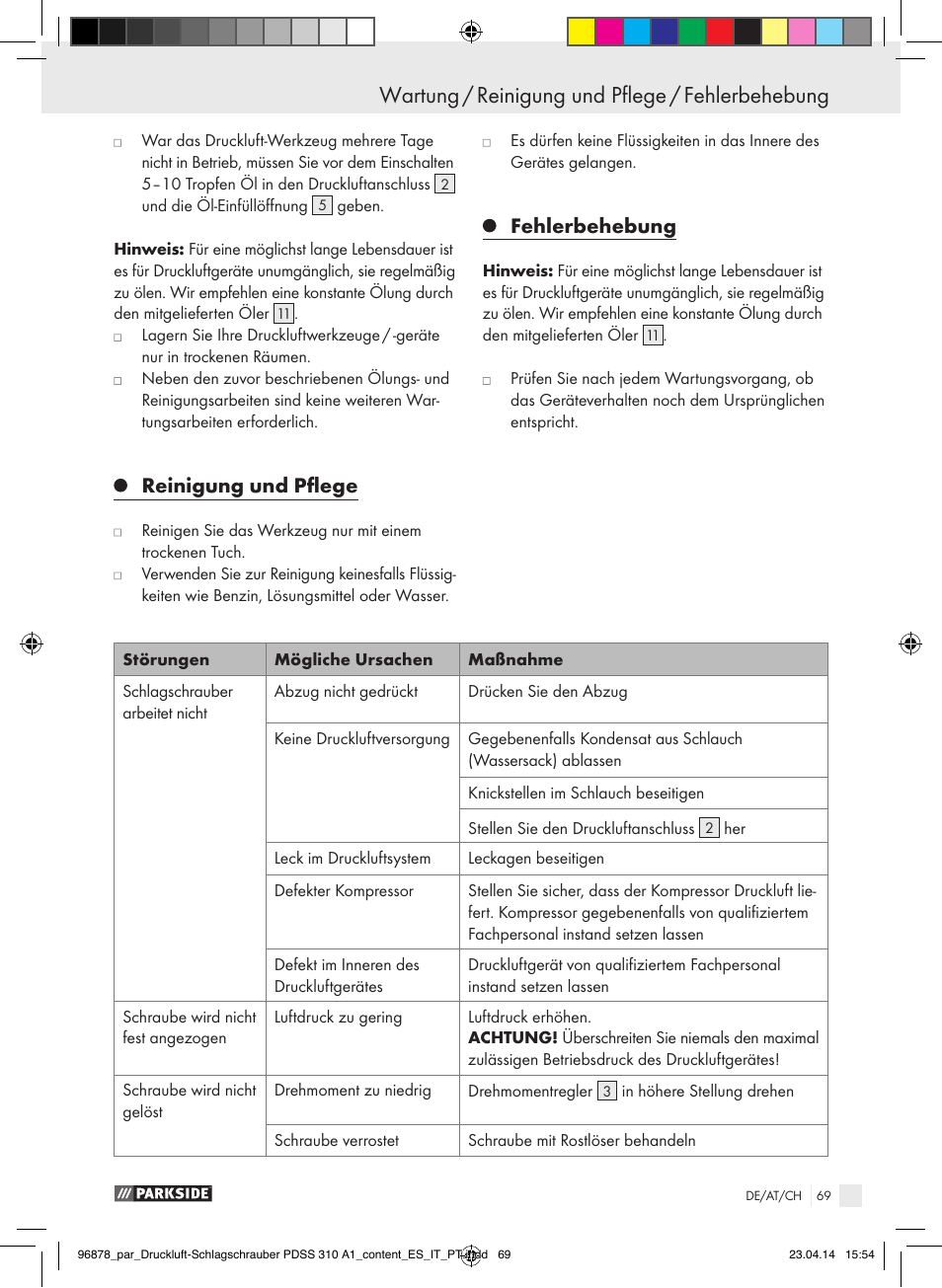 Reinigung und pflege, Fehlerbehebung | Parkside PDSS 310 A1 User Manual | Page 69 / 72