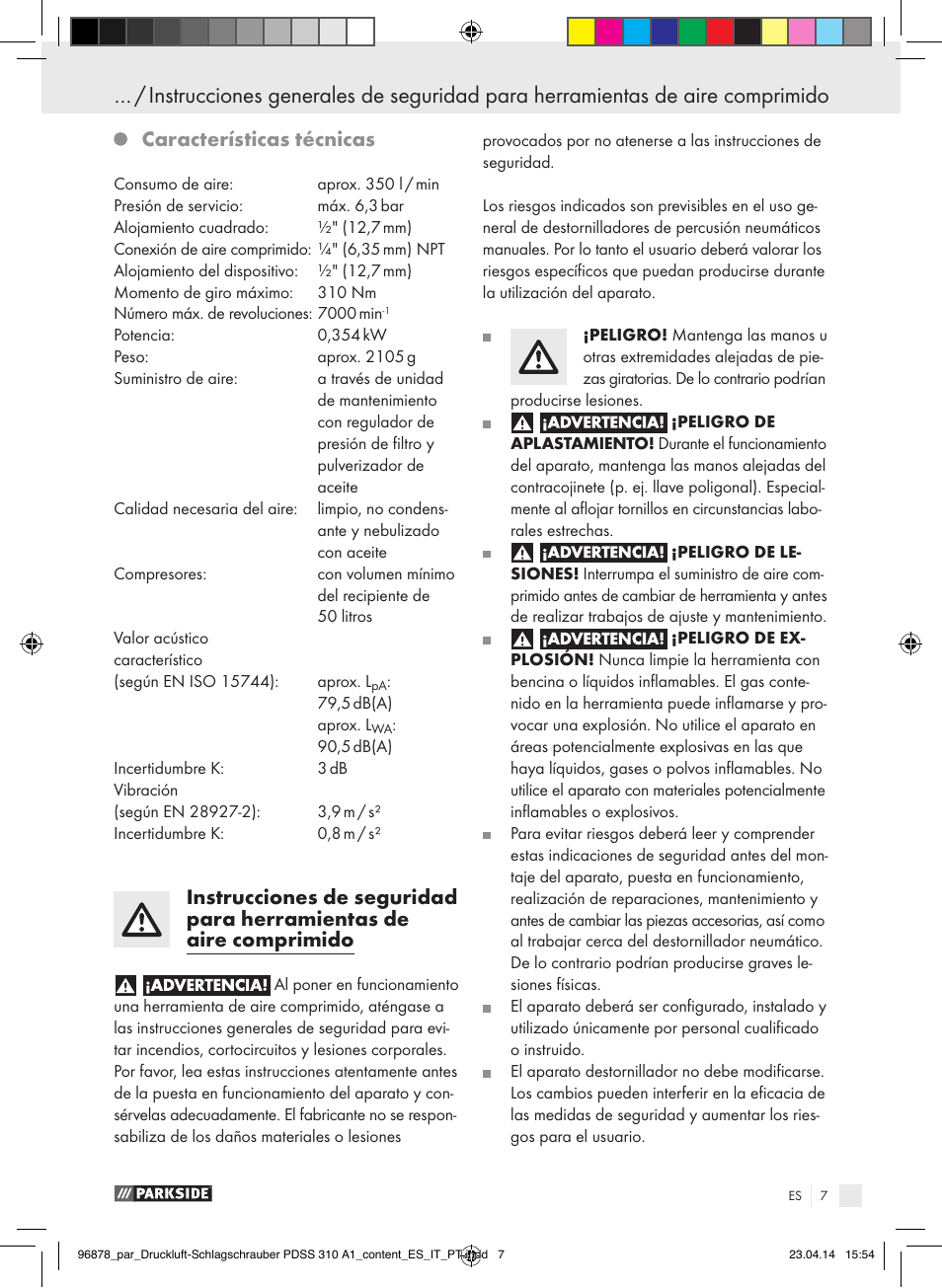 Características técnicas | Parkside PDSS 310 A1 User Manual | Page 7 / 72